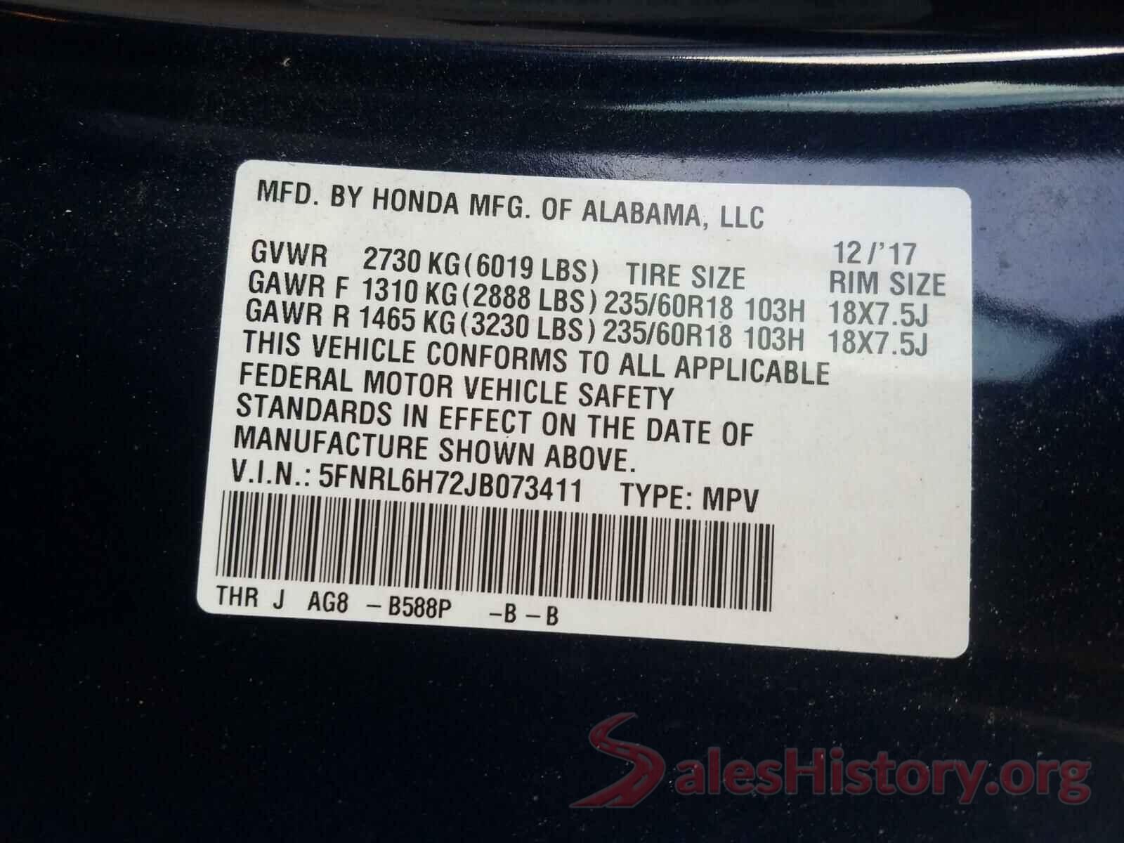 5FNRL6H72JB073411 2018 HONDA ODYSSEY