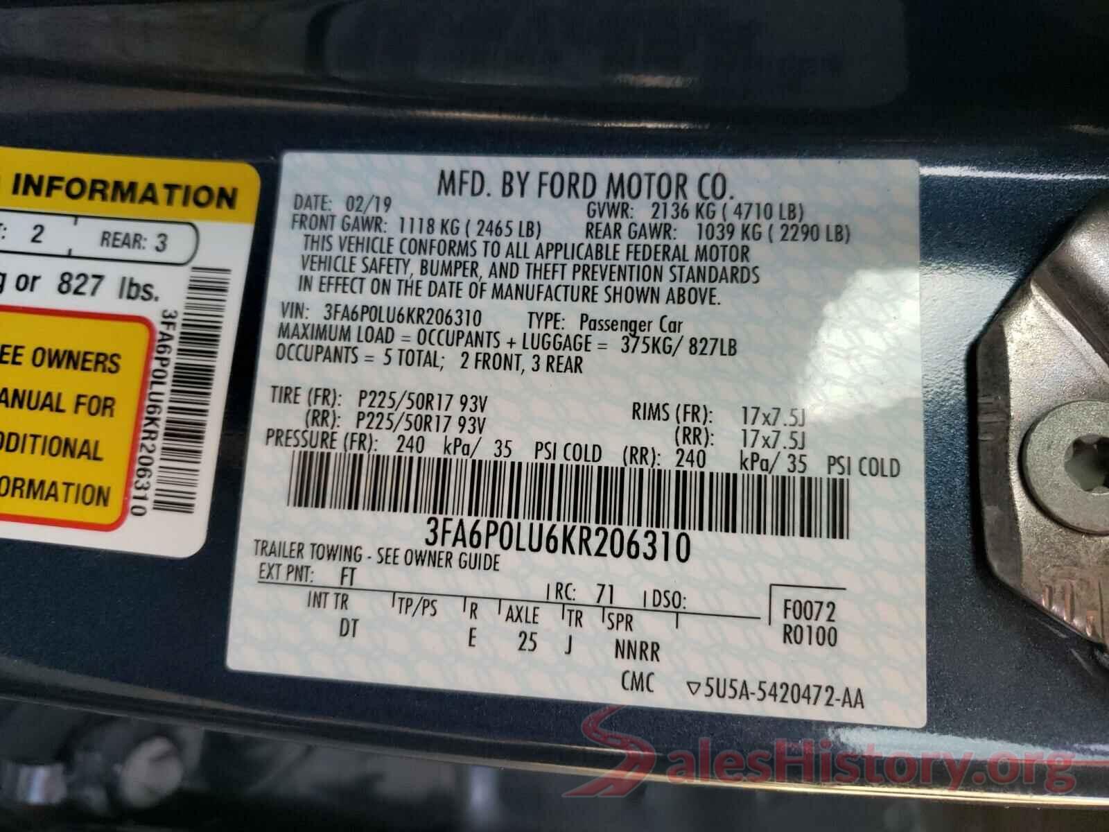 3FA6P0LU6KR206310 2019 FORD FUSION