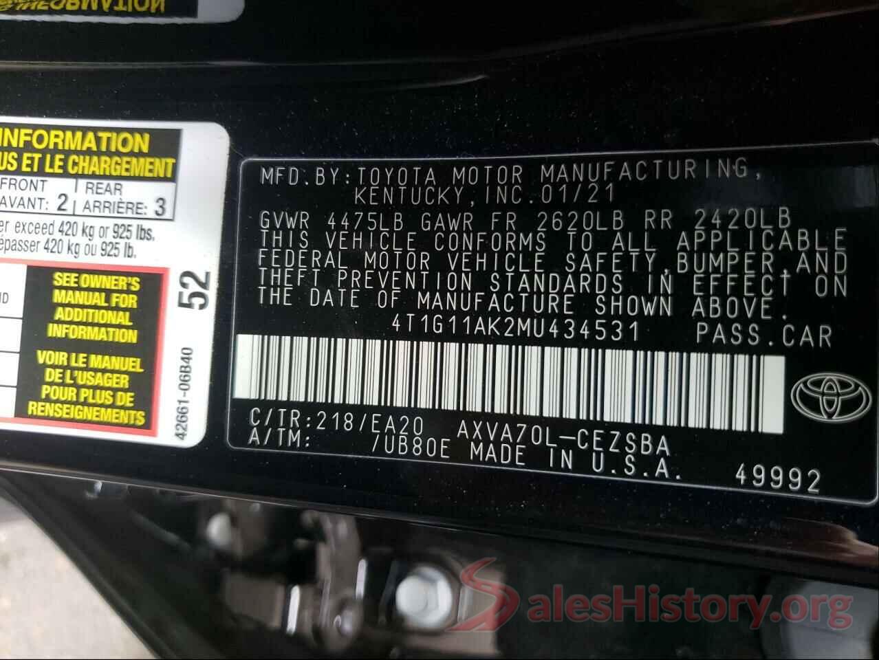 4T1G11AK2MU434531 2021 TOYOTA CAMRY