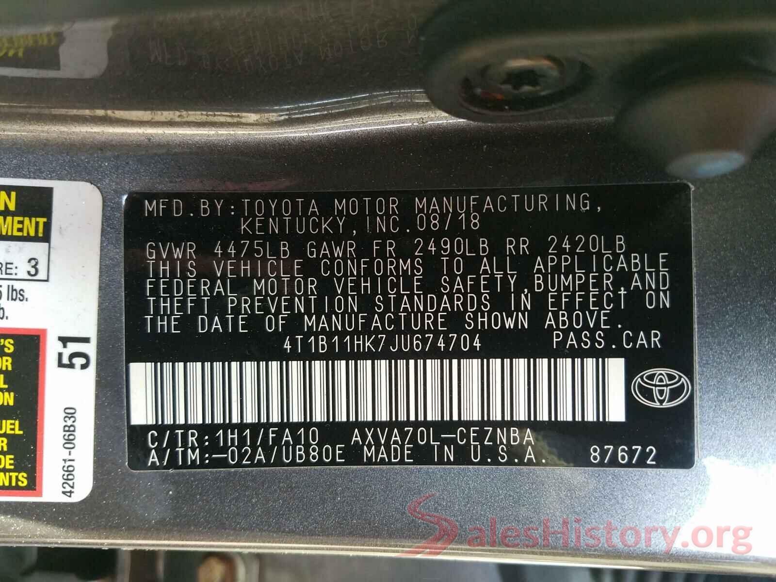 4T1B11HK7JU674704 2018 TOYOTA CAMRY