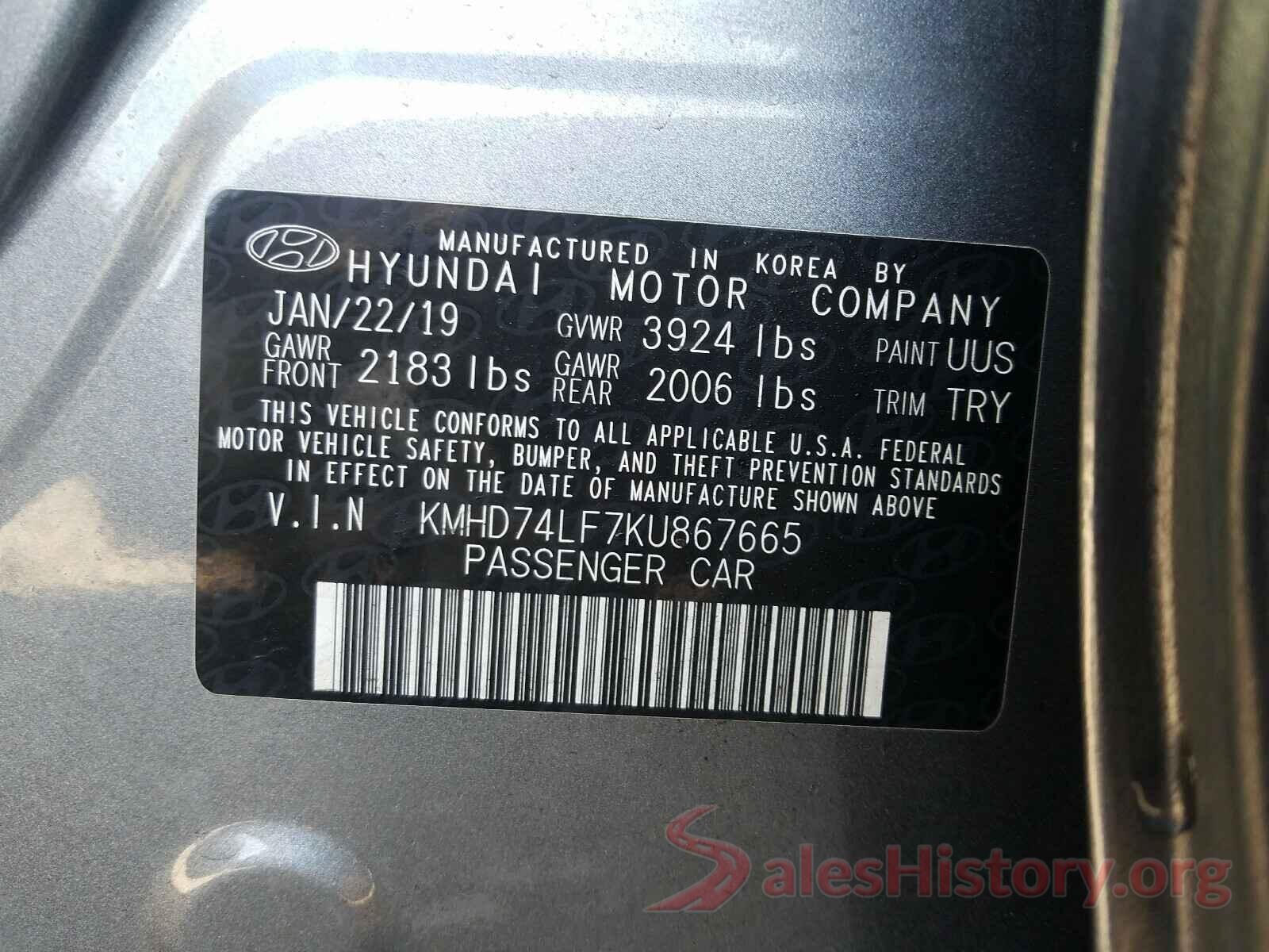 KMHD74LF7KU867665 2019 HYUNDAI ELANTRA