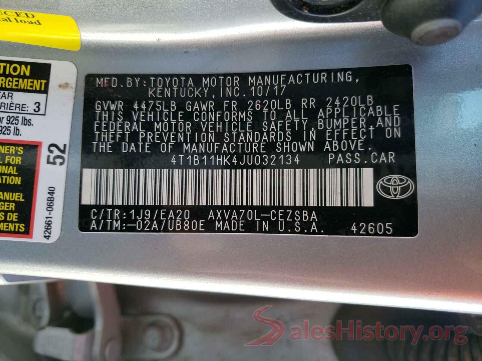 4T1B11HK4JU032134 2018 TOYOTA CAMRY