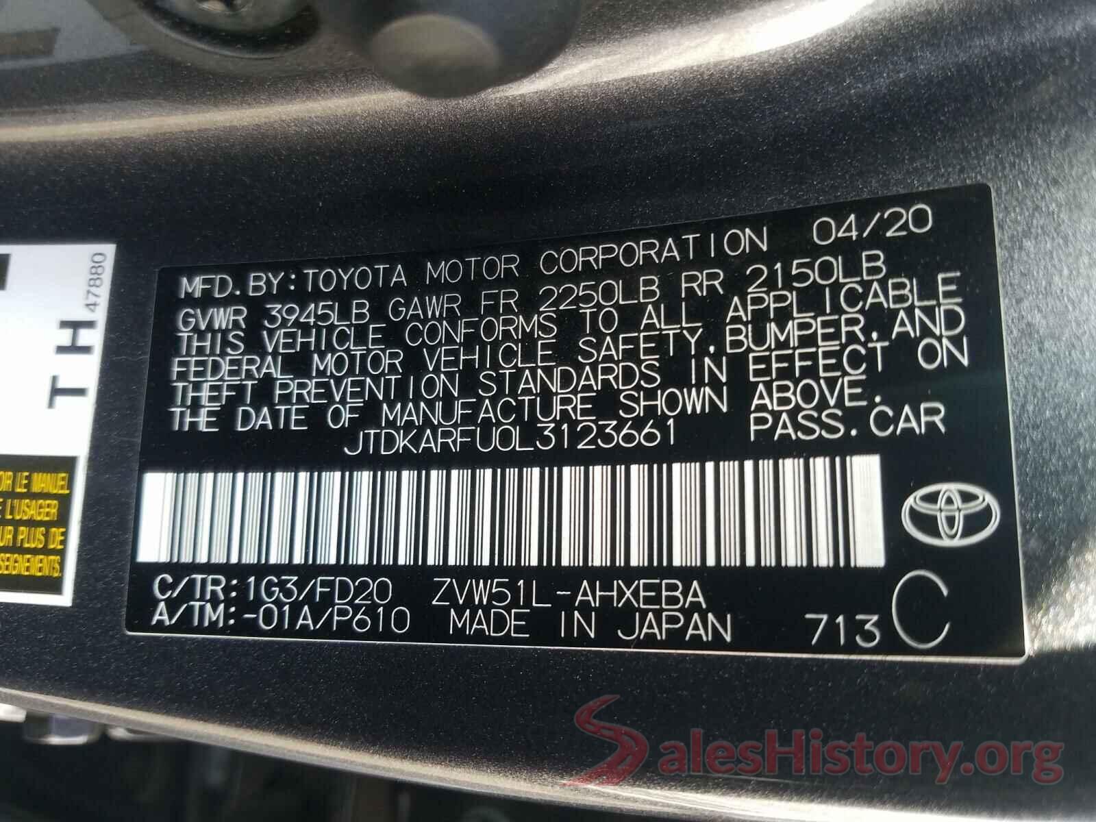 JTDKARFU0L3123661 2020 TOYOTA PRIUS