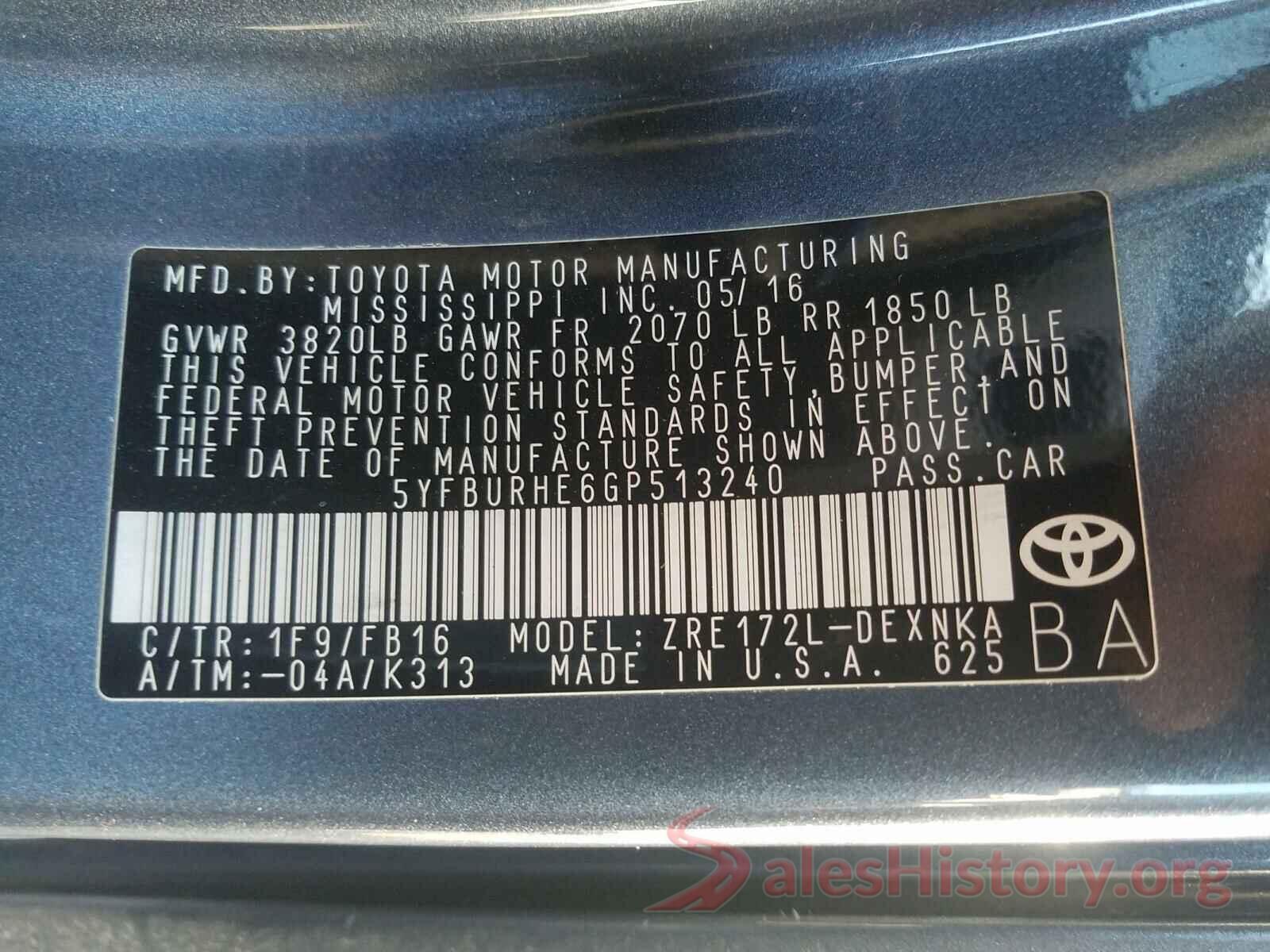 5YFBURHE6GP513240 2016 TOYOTA COROLLA