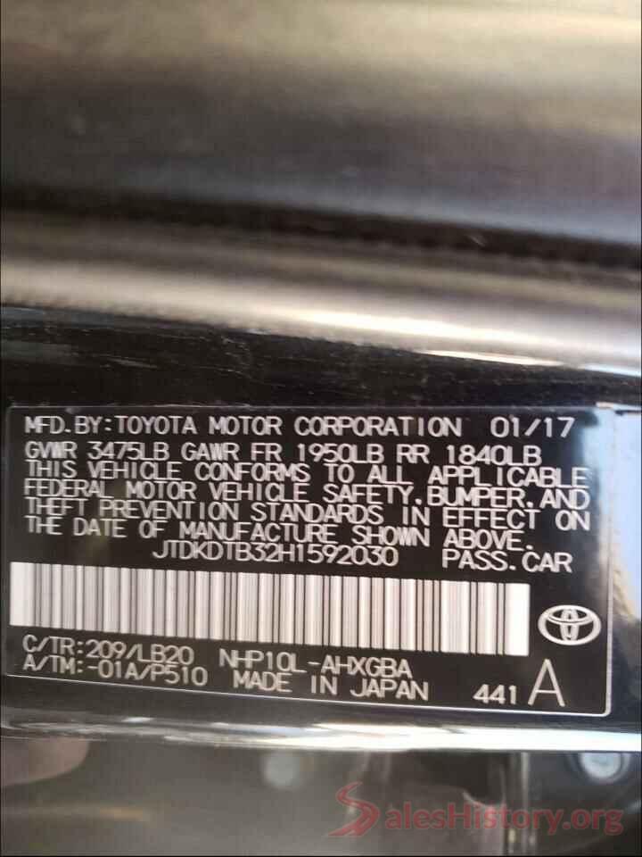 JTDKDTB32H1592030 2017 TOYOTA PRIUS