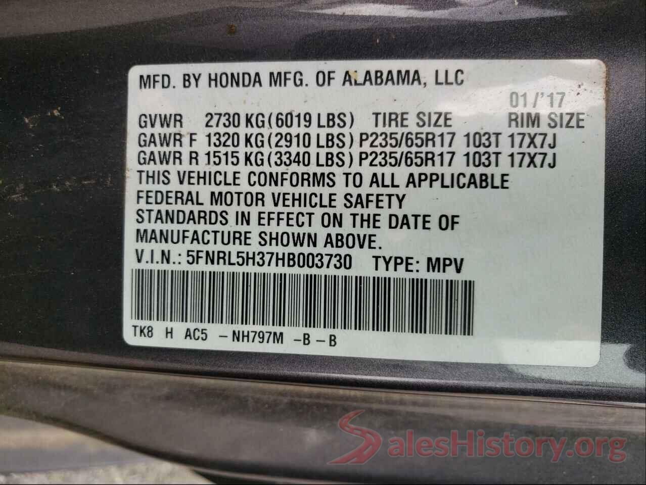 5FNRL5H37HB003730 2017 HONDA ODYSSEY