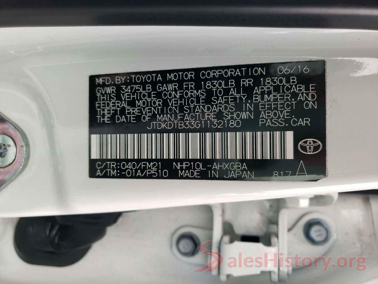 JTDKDTB33G1132180 2016 TOYOTA PRIUS