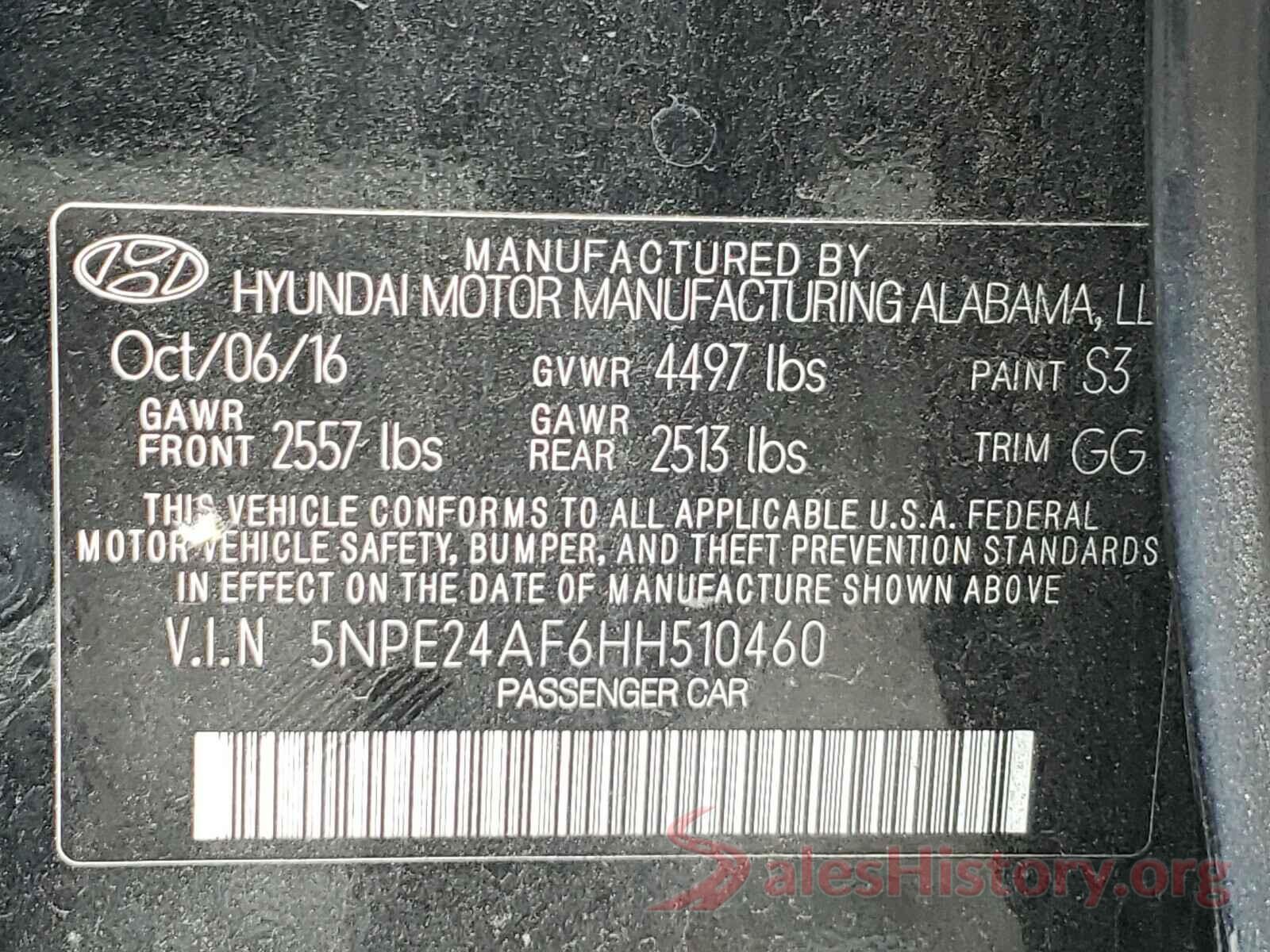 5NPE24AF6HH510460 2017 HYUNDAI SONATA