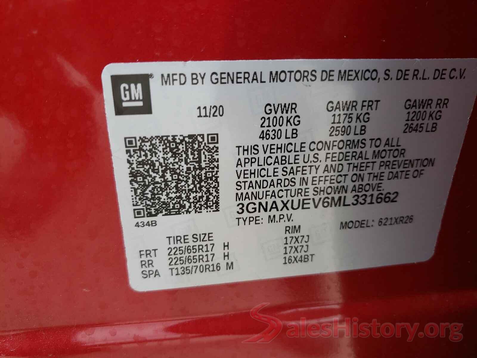 3GNAXUEV6ML331662 2021 CHEVROLET EQUINOX