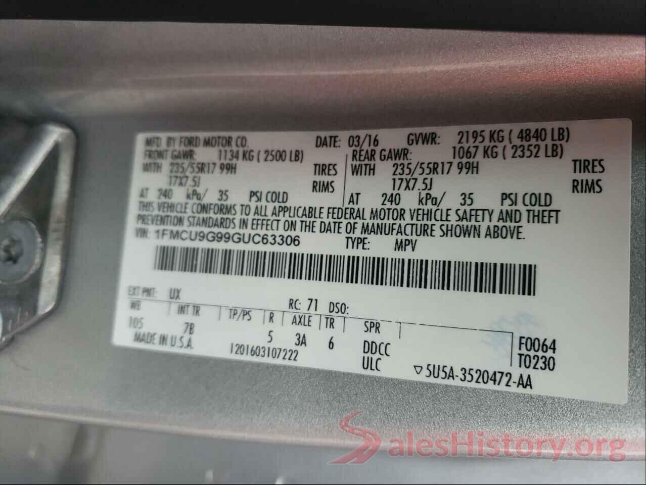 1FMCU9G99GUC63306 2016 FORD ESCAPE