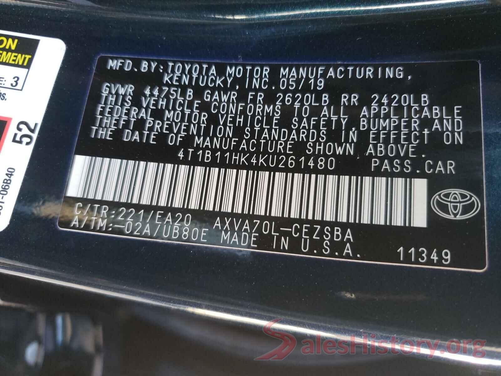 4T1B11HK4KU261480 2019 TOYOTA CAMRY