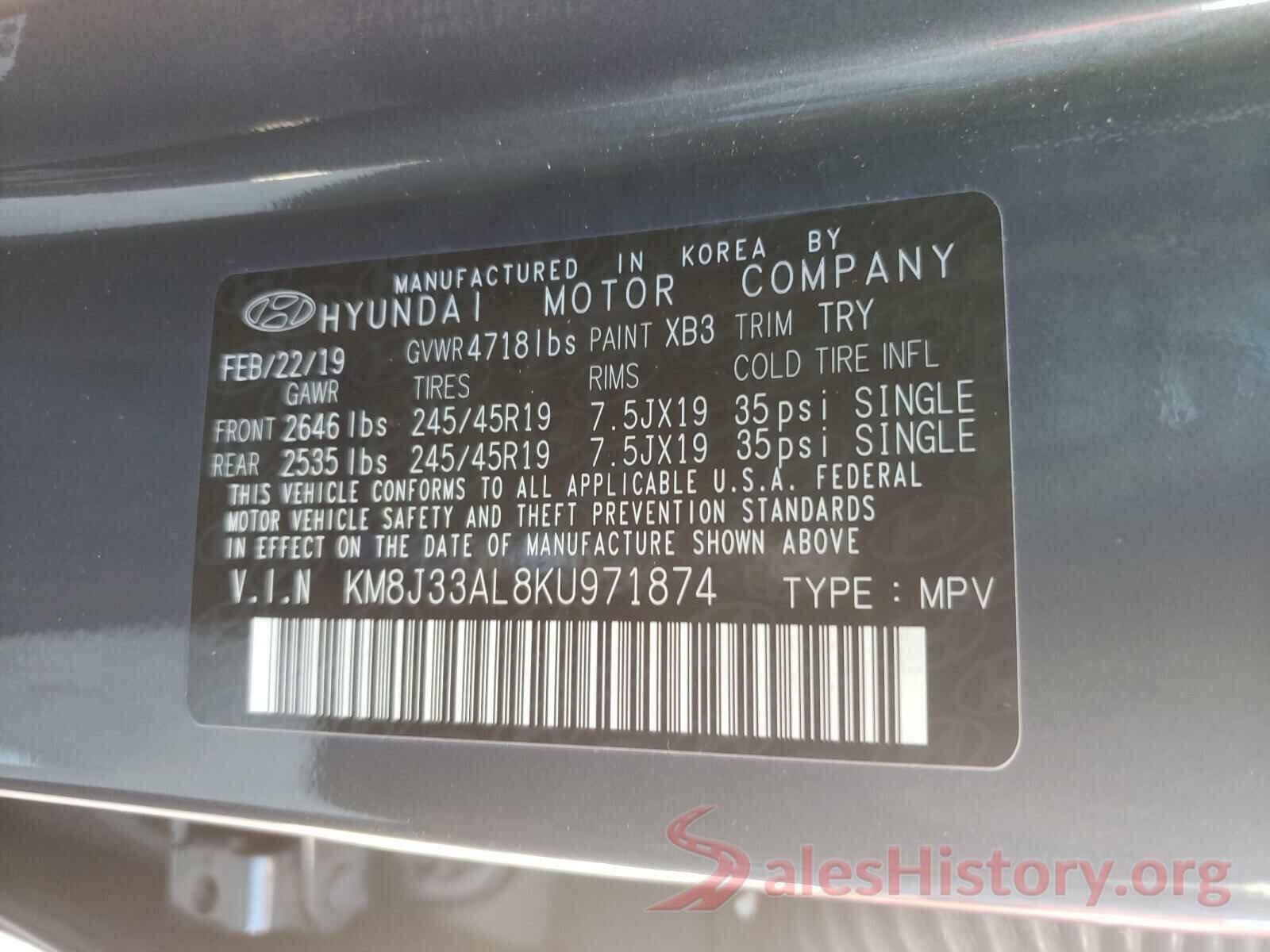 KM8J33AL8KU971874 2019 HYUNDAI TUCSON