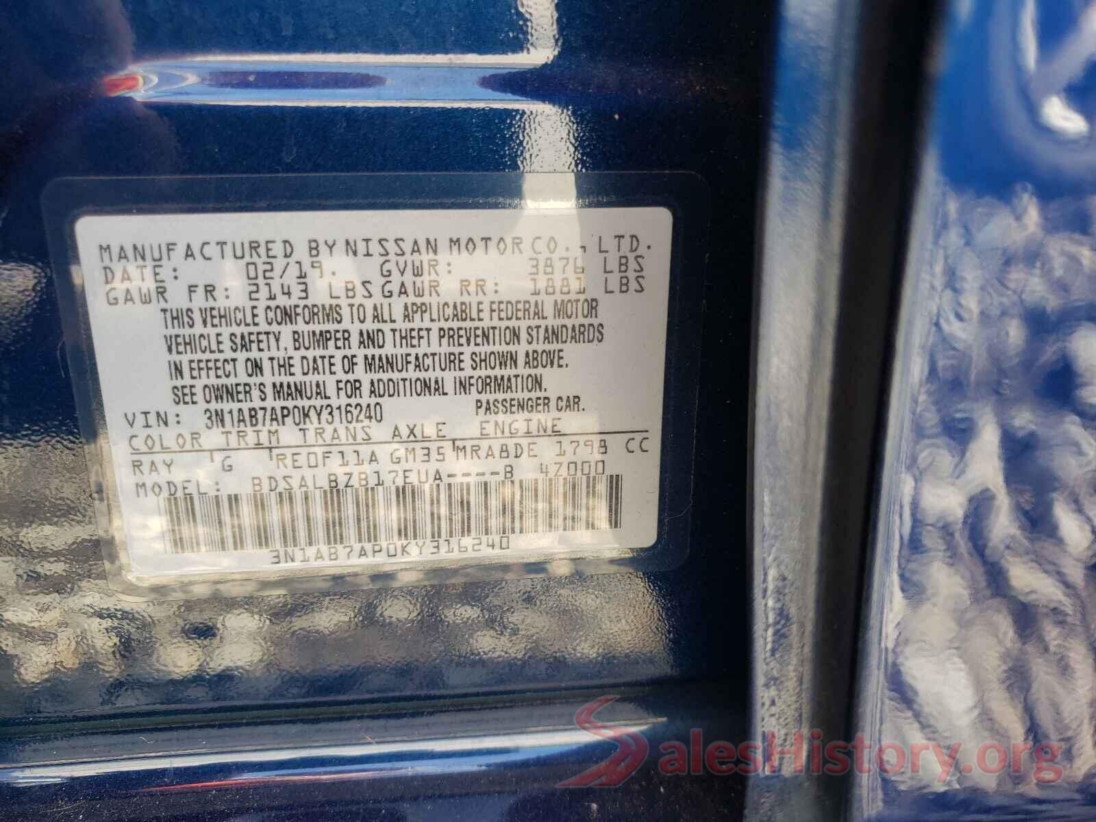 3N1AB7AP0KY316240 2019 NISSAN SENTRA