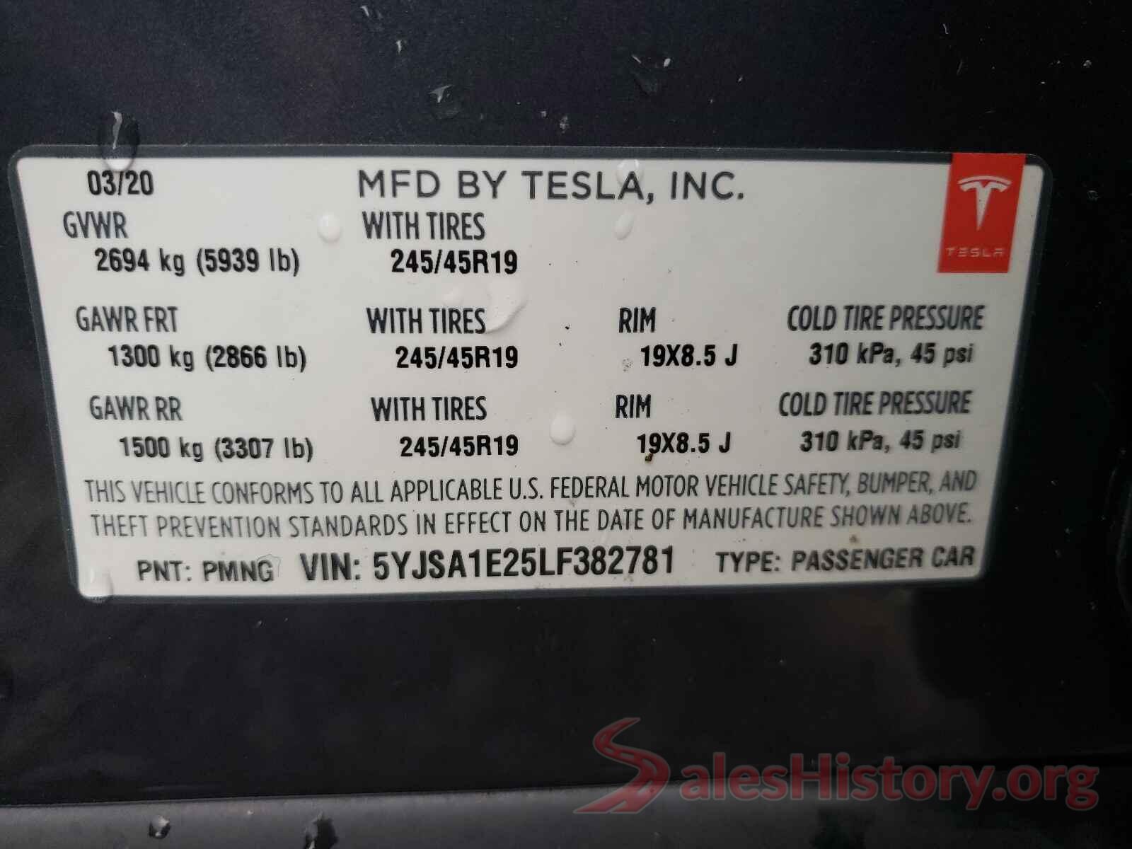 5YJSA1E25LF382781 2020 TESLA MODEL S