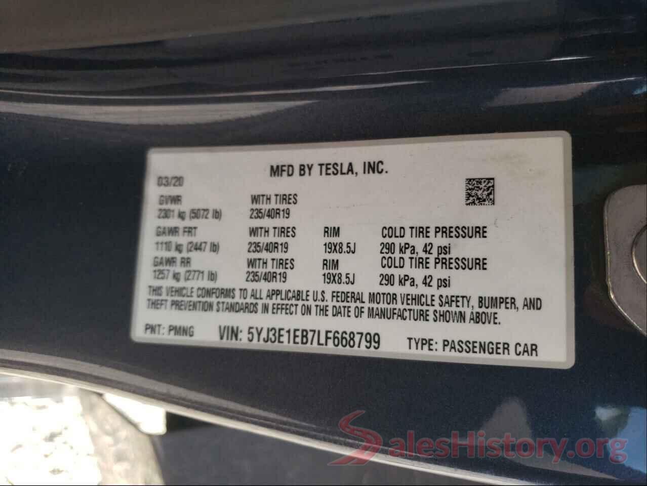 5YJ3E1EB7LF668799 2020 TESLA MODEL 3