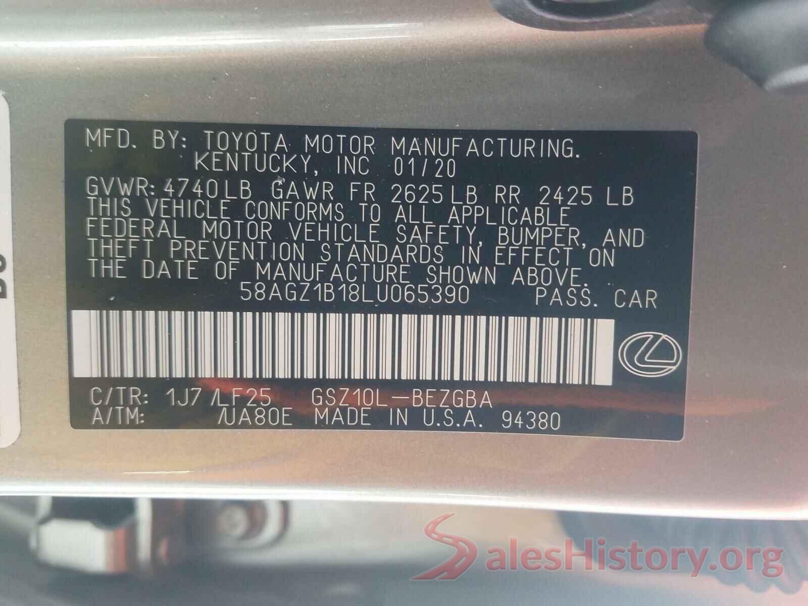 58AGZ1B18LU065390 2020 LEXUS ES350