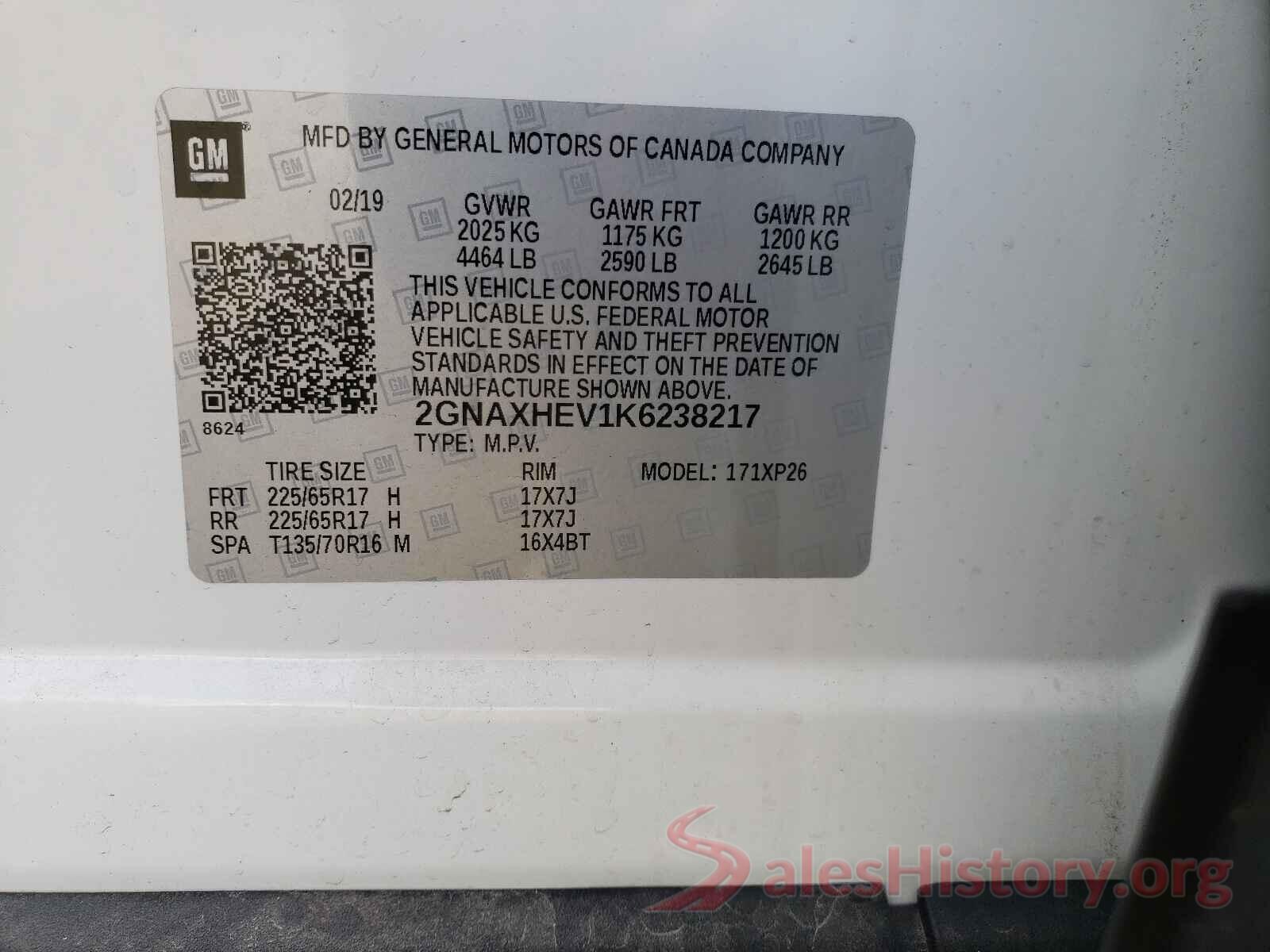 2GNAXHEV1K6238217 2019 CHEVROLET EQUINOX