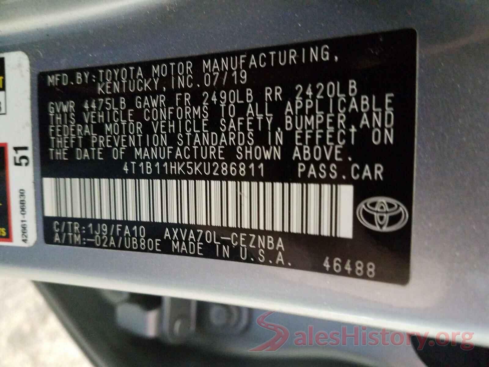 4T1B11HK5KU286811 2019 TOYOTA CAMRY