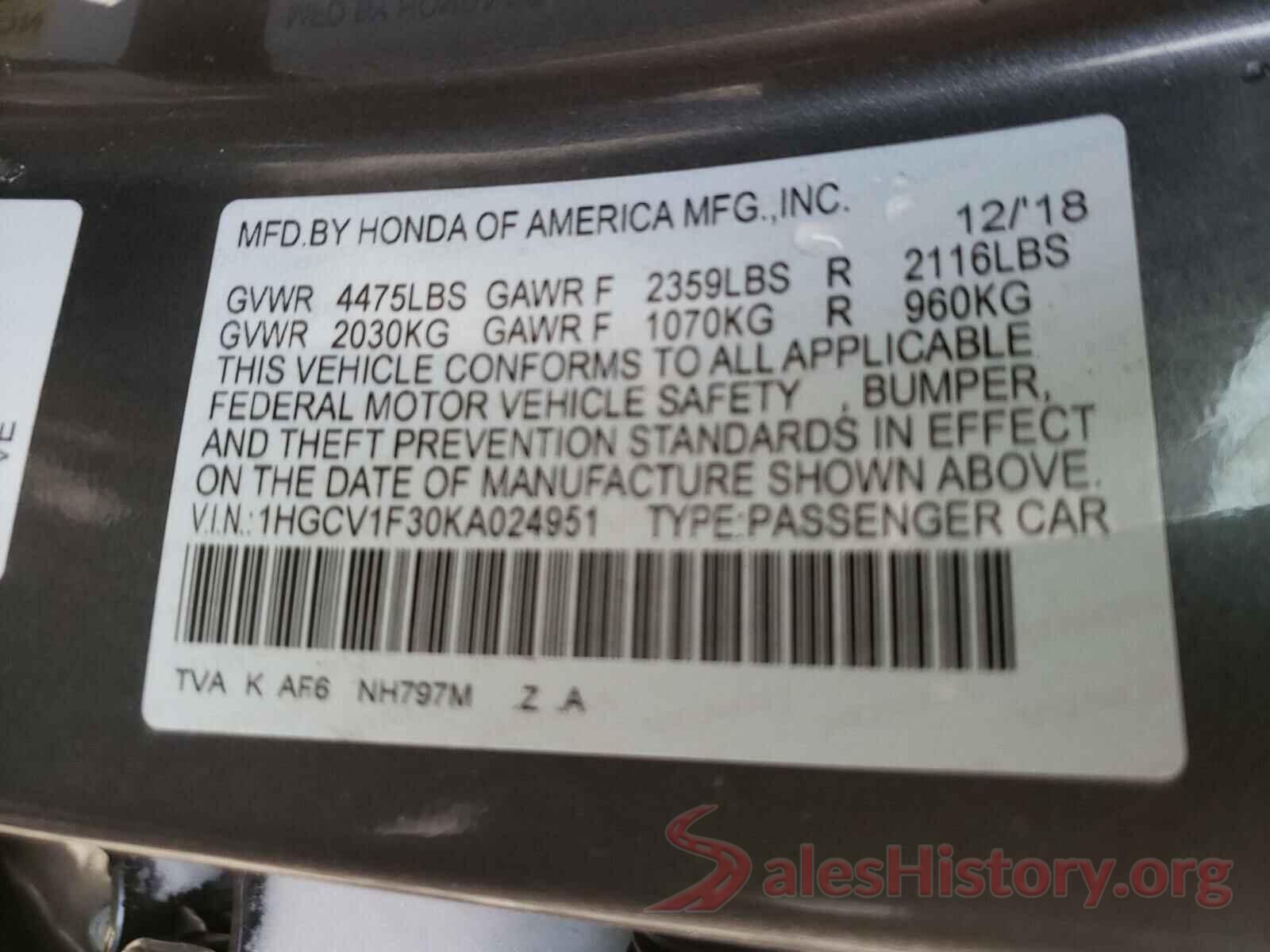 1HGCV1F30KA024951 2019 HONDA ACCORD