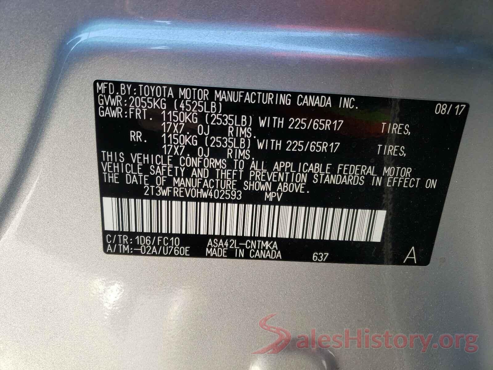 2T3WFREV0HW402593 2017 TOYOTA RAV4