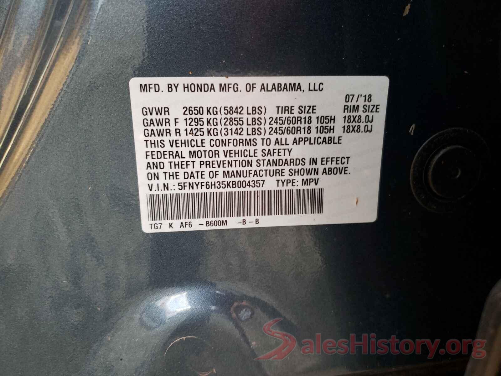 5FNYF6H35KB004357 2019 HONDA PILOT