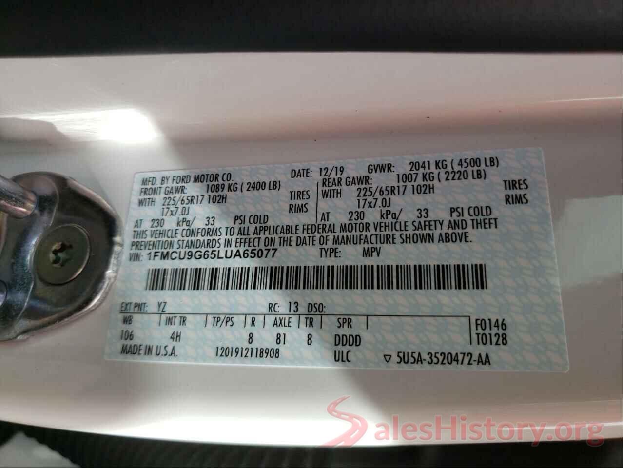 1FMCU9G65LUA65077 2020 FORD ESCAPE