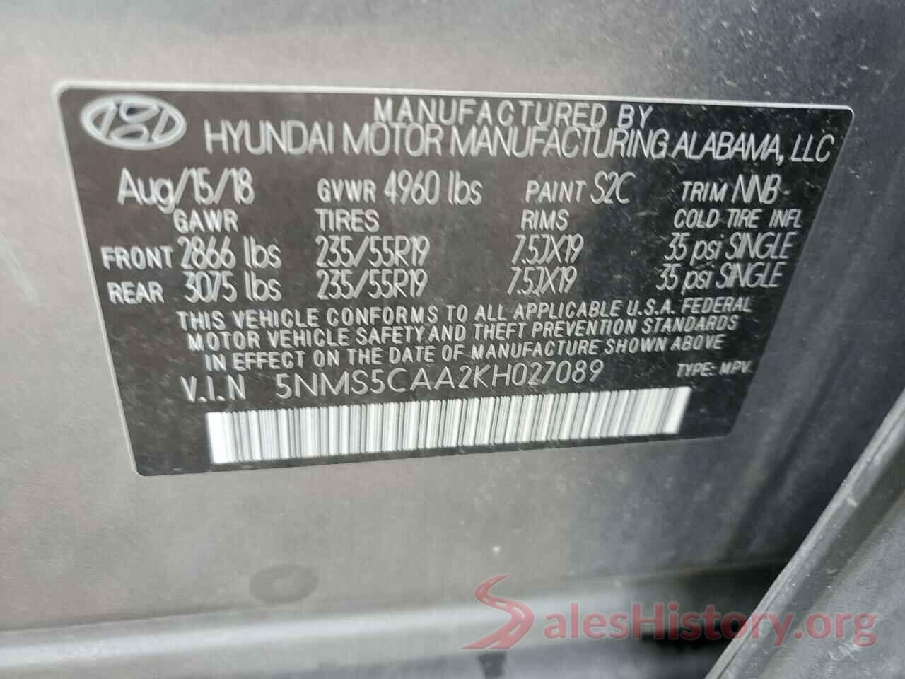 5NMS5CAA2KH027089 2019 HYUNDAI SANTA FE