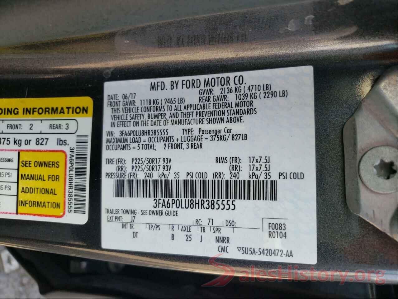 3FA6P0LU8HR385555 2017 FORD FUSION