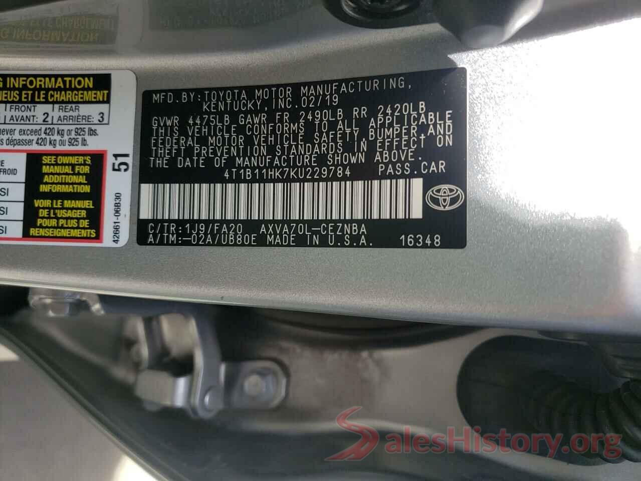 4T1B11HK7KU229784 2019 TOYOTA CAMRY