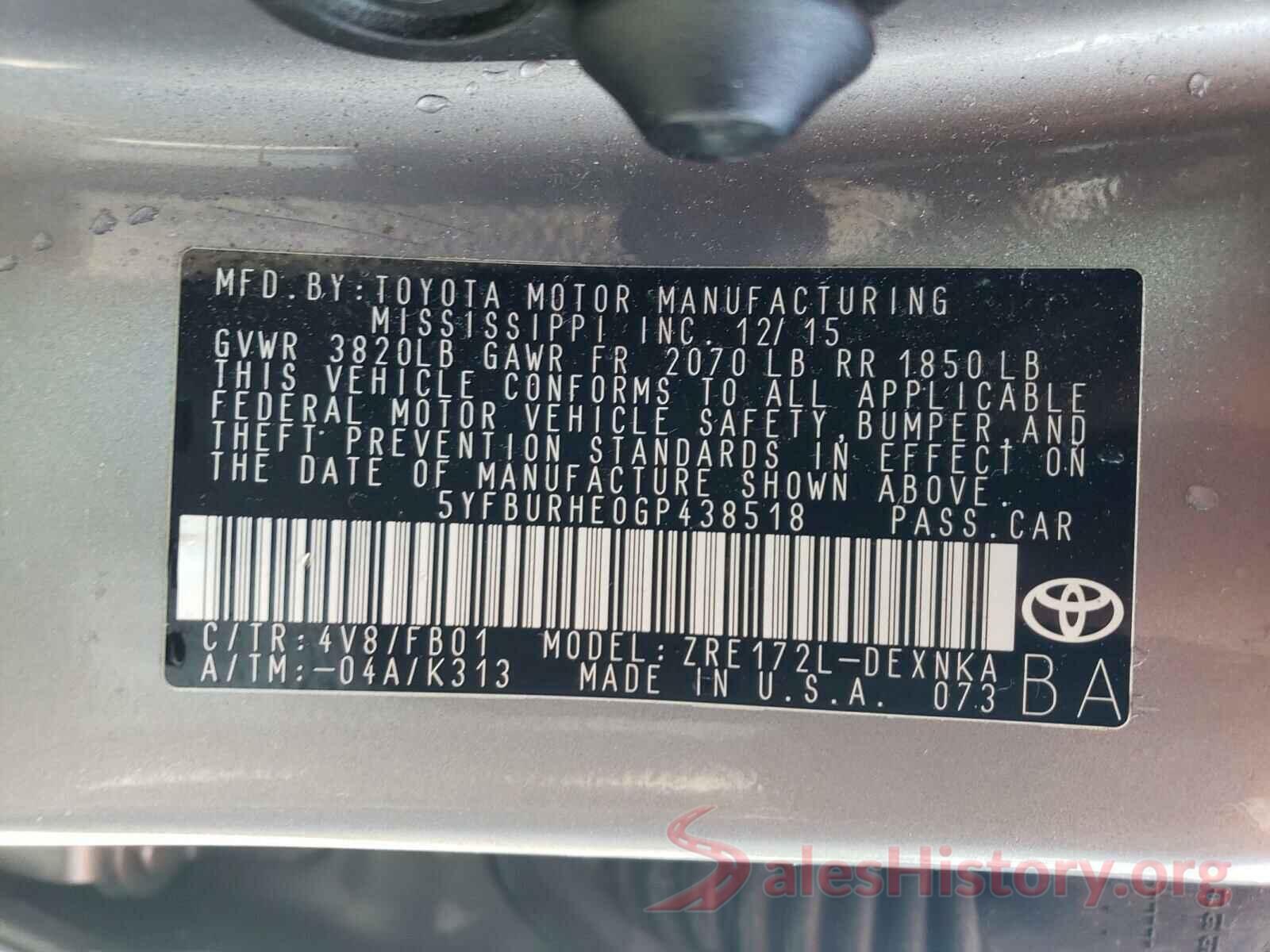 5YFBURHE0GP438518 2016 TOYOTA COROLLA