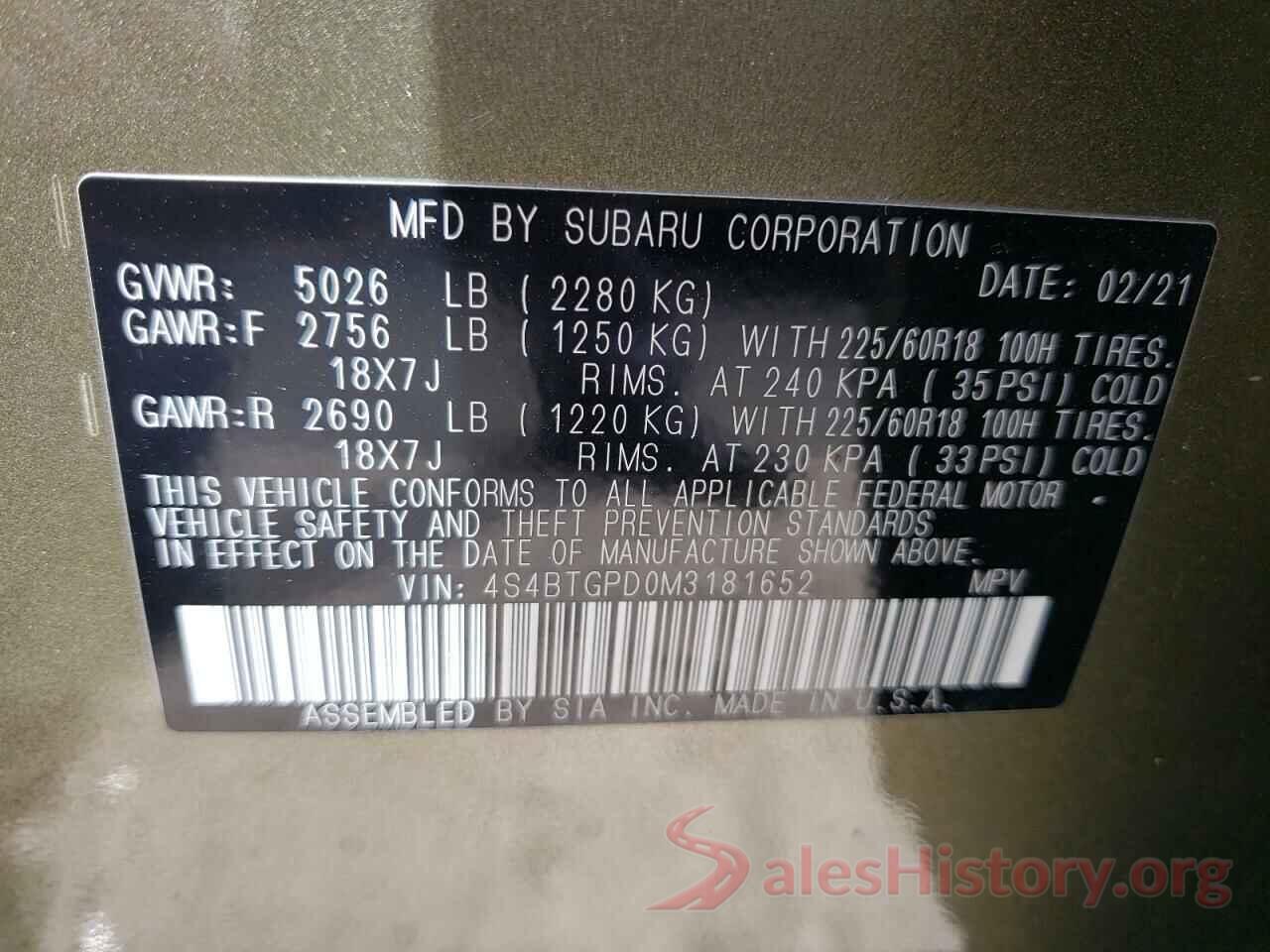 4S4BTGPD0M3181652 2021 SUBARU OUTBACK