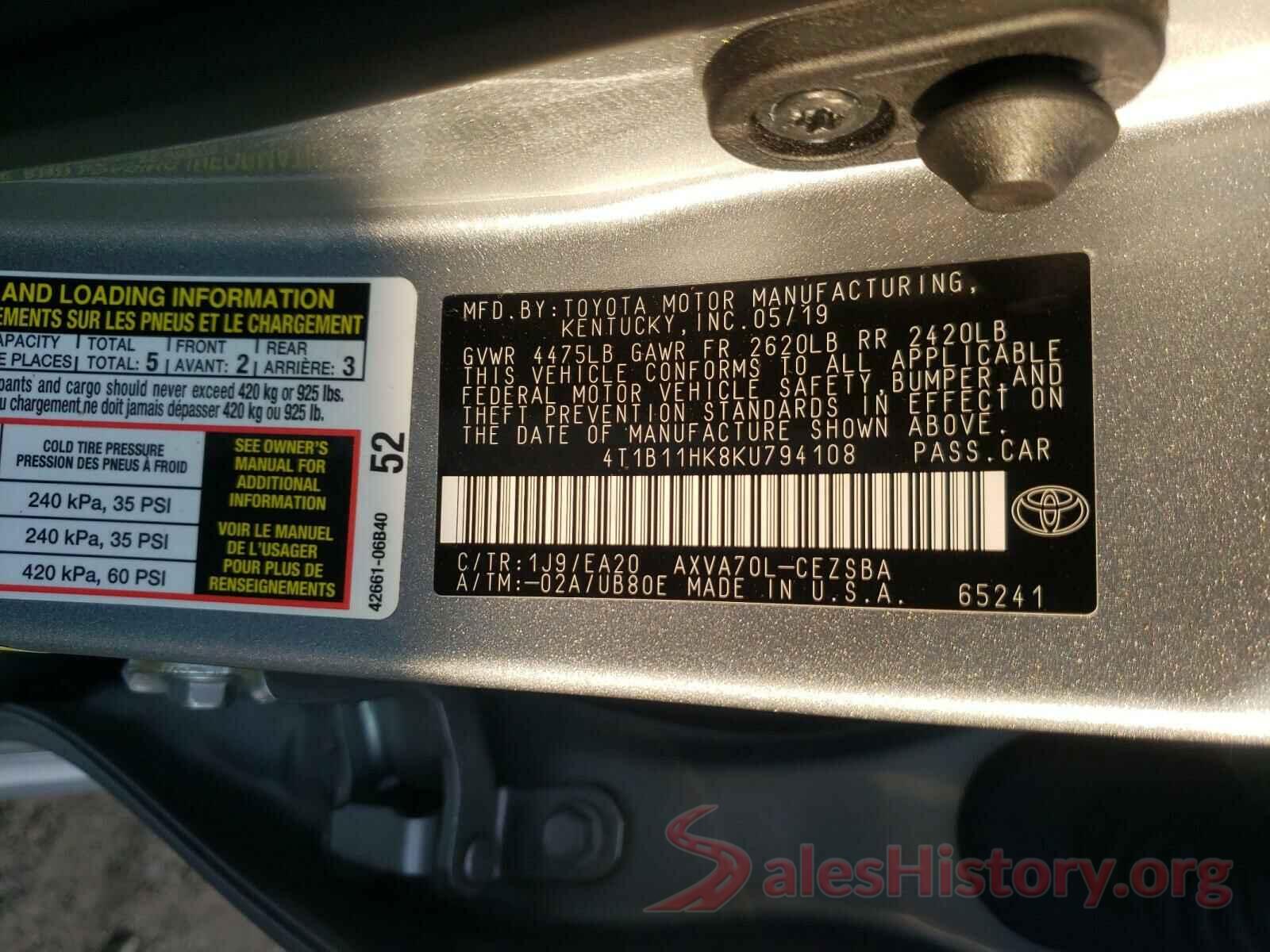 4T1B11HK8KU794108 2019 TOYOTA CAMRY