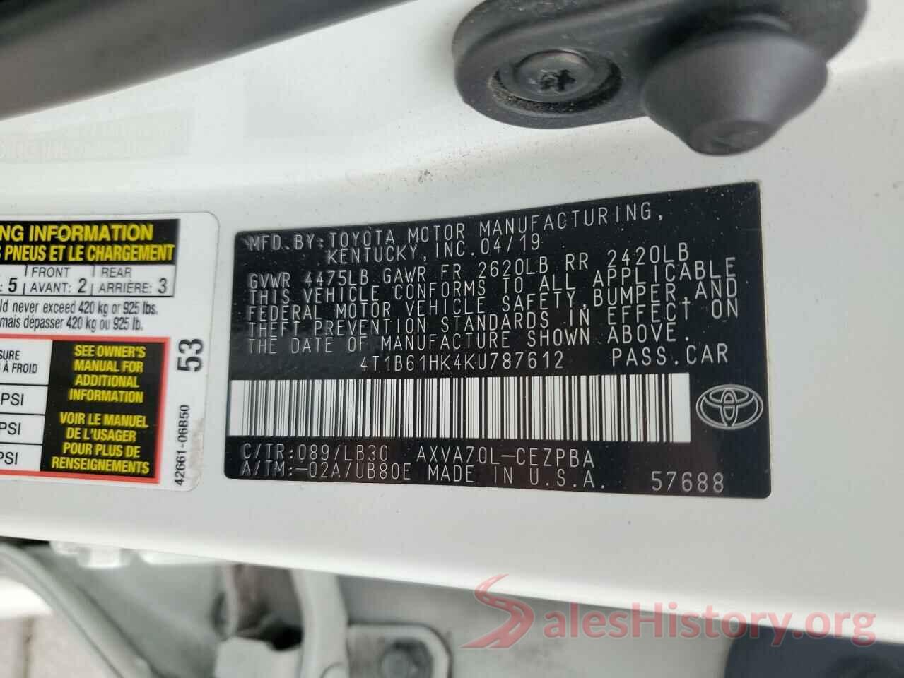 4T1B61HK4KU787612 2019 TOYOTA CAMRY