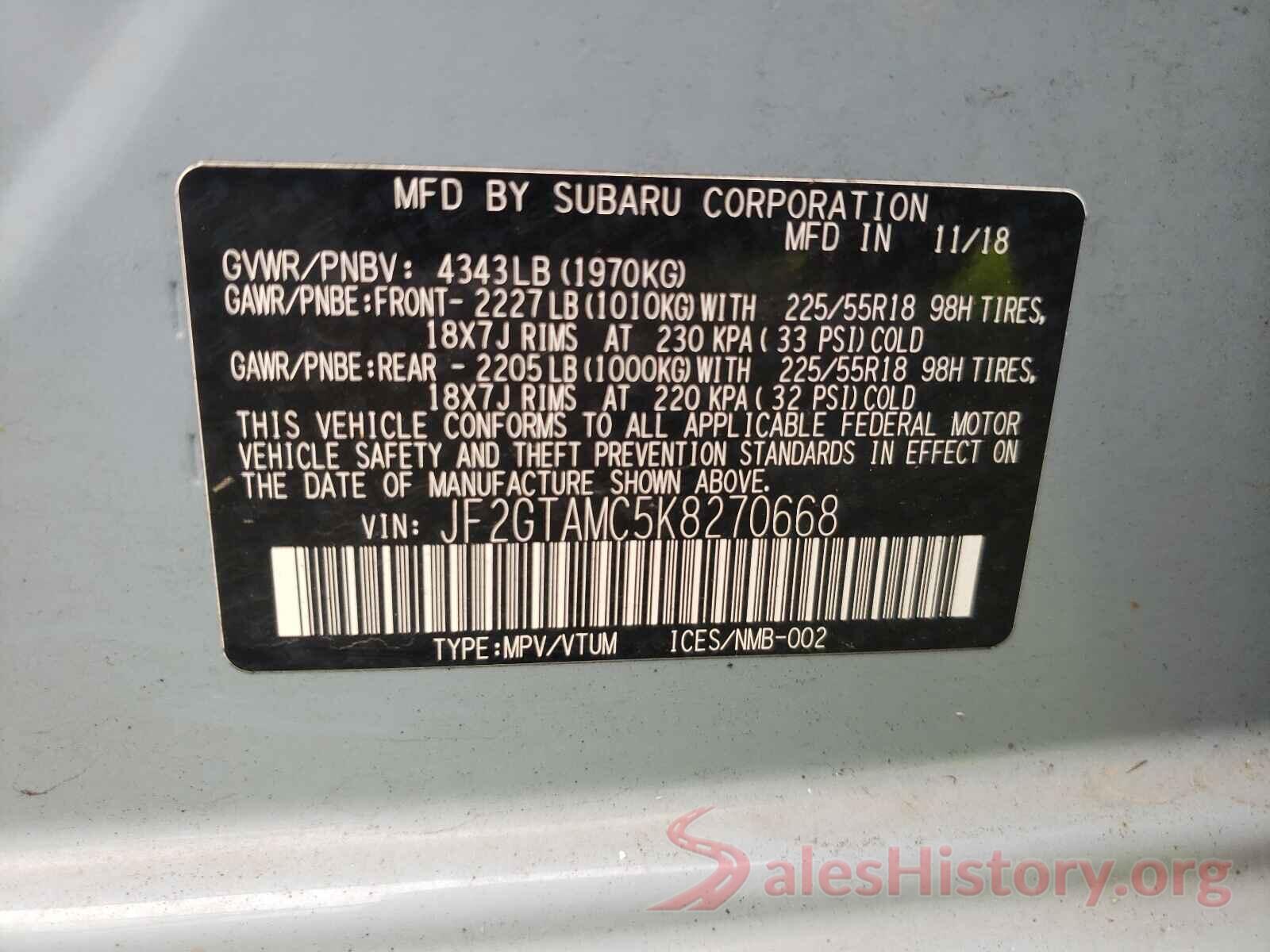 JF2GTAMC5K8270668 2019 SUBARU CROSSTREK