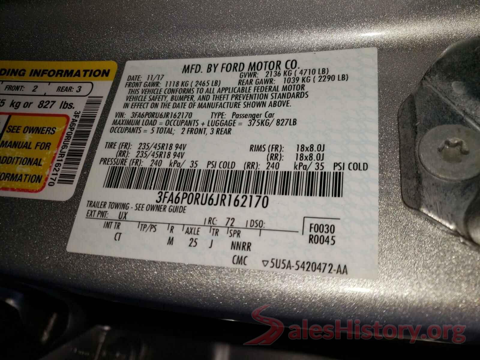 3FA6P0RU6JR162170 2018 FORD FUSION