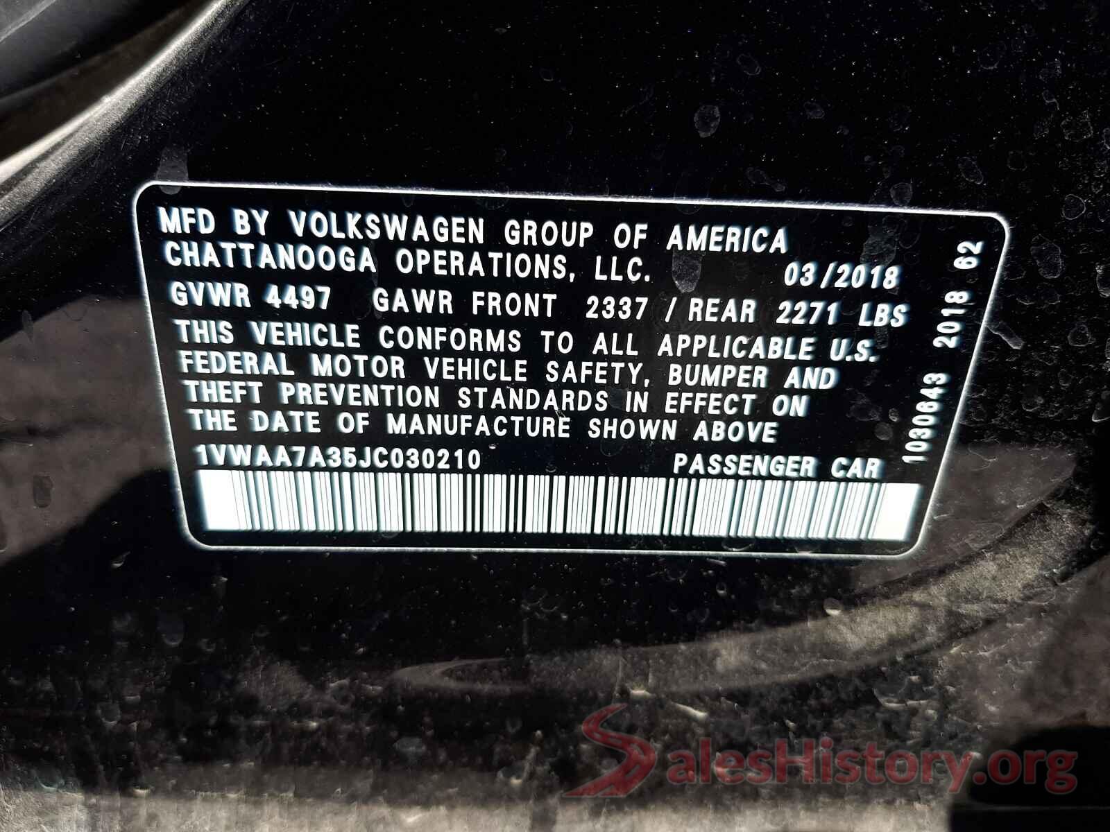 1VWAA7A35JC030210 2018 VOLKSWAGEN PASSAT