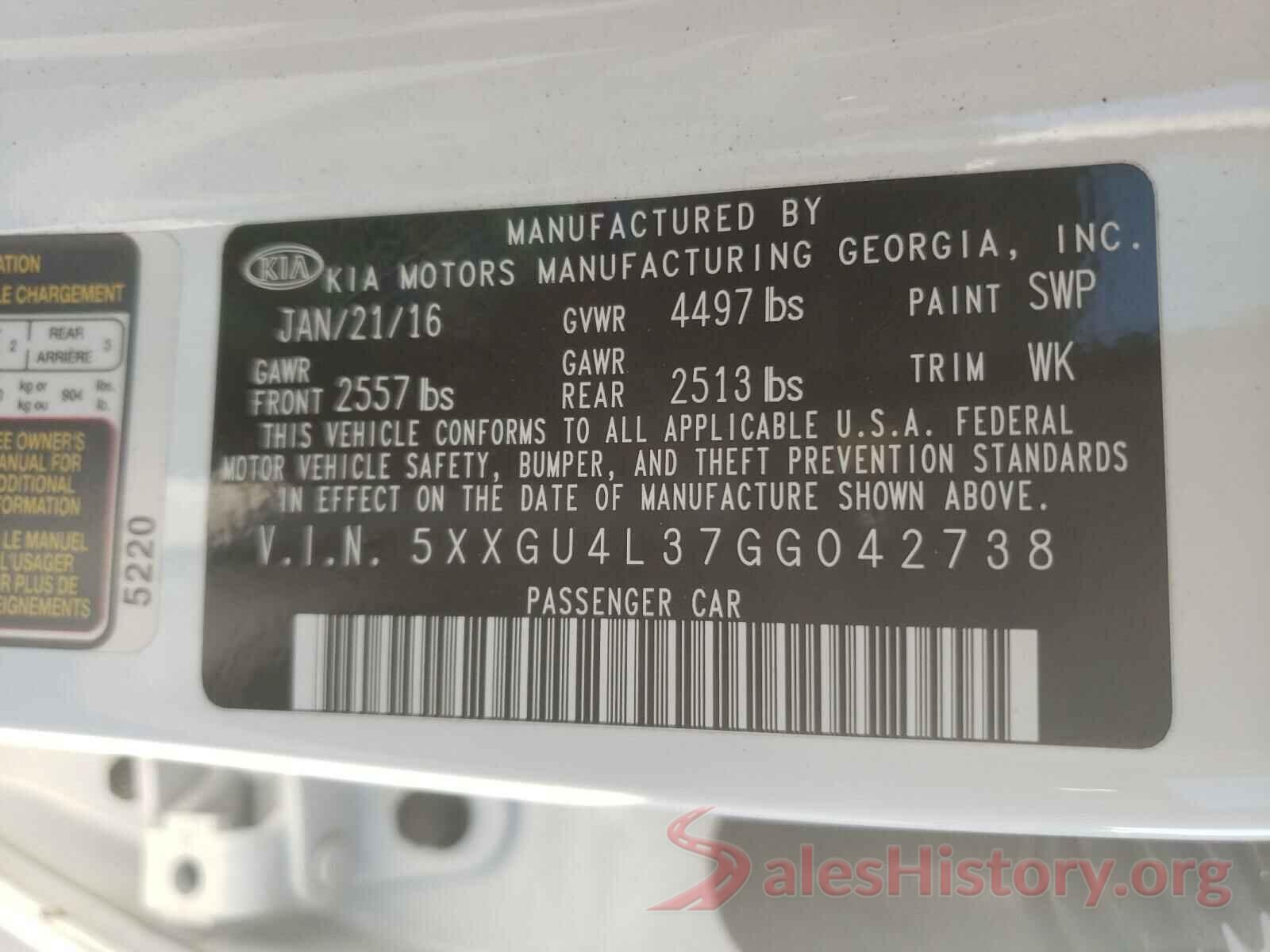 5XXGU4L37GG042738 2016 KIA OPTIMA