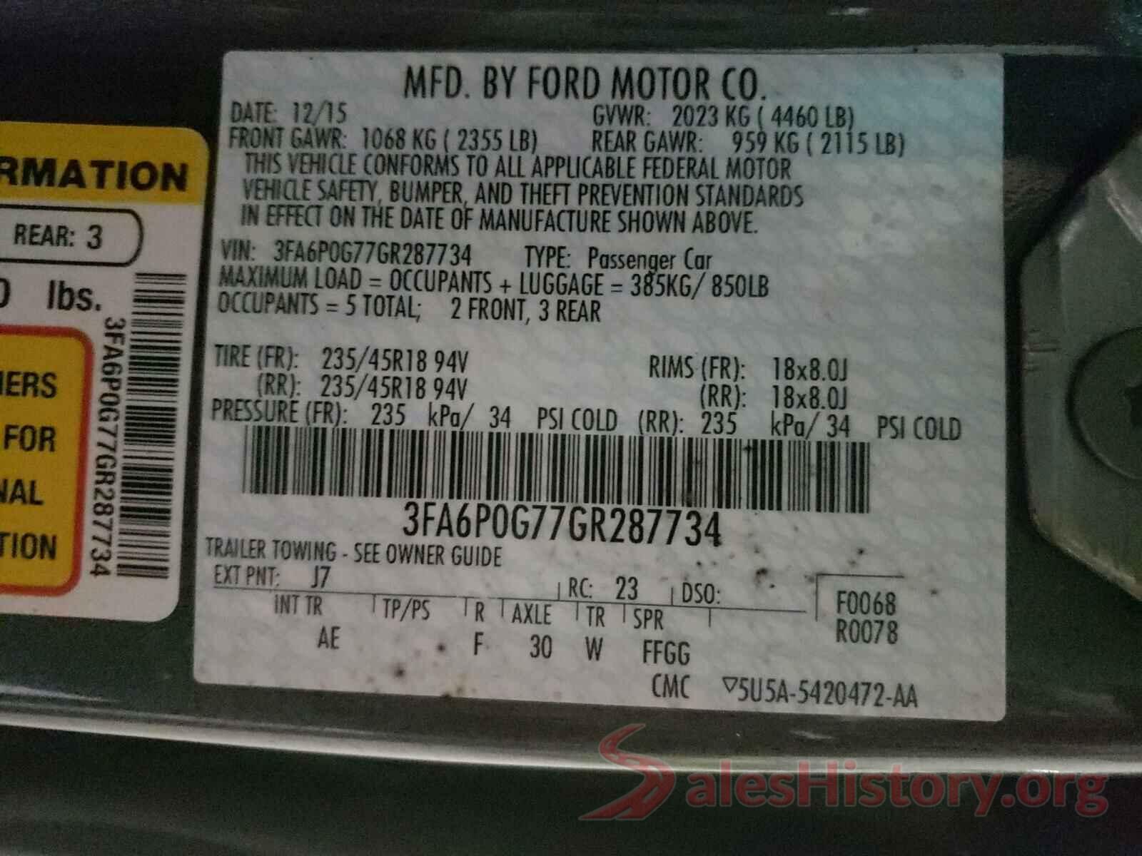 3FA6P0G77GR287734 2016 FORD FUSION