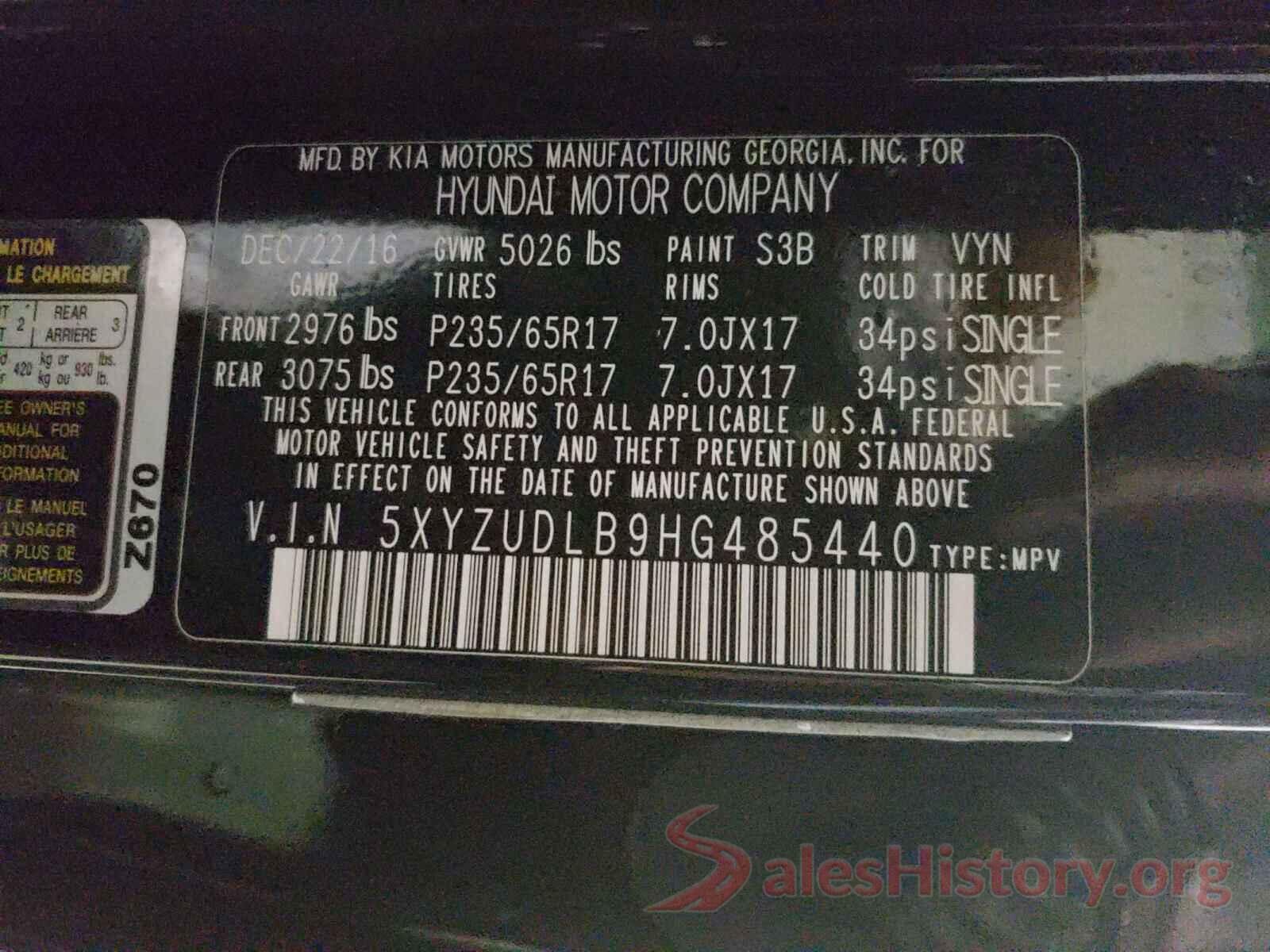 5XYZUDLB9HG485440 2017 HYUNDAI SANTA FE