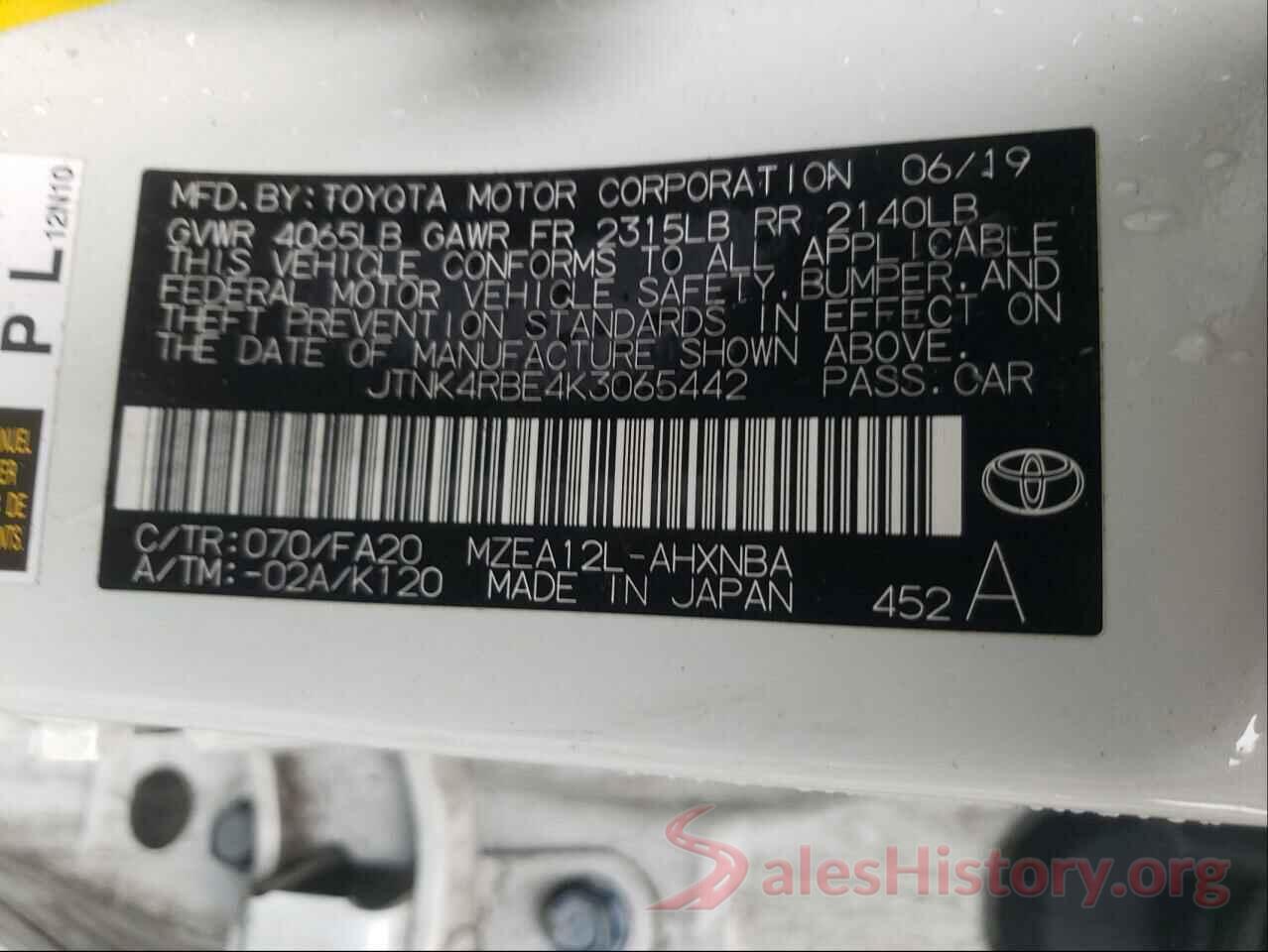 JTNK4RBE4K3065442 2019 TOYOTA COROLLA