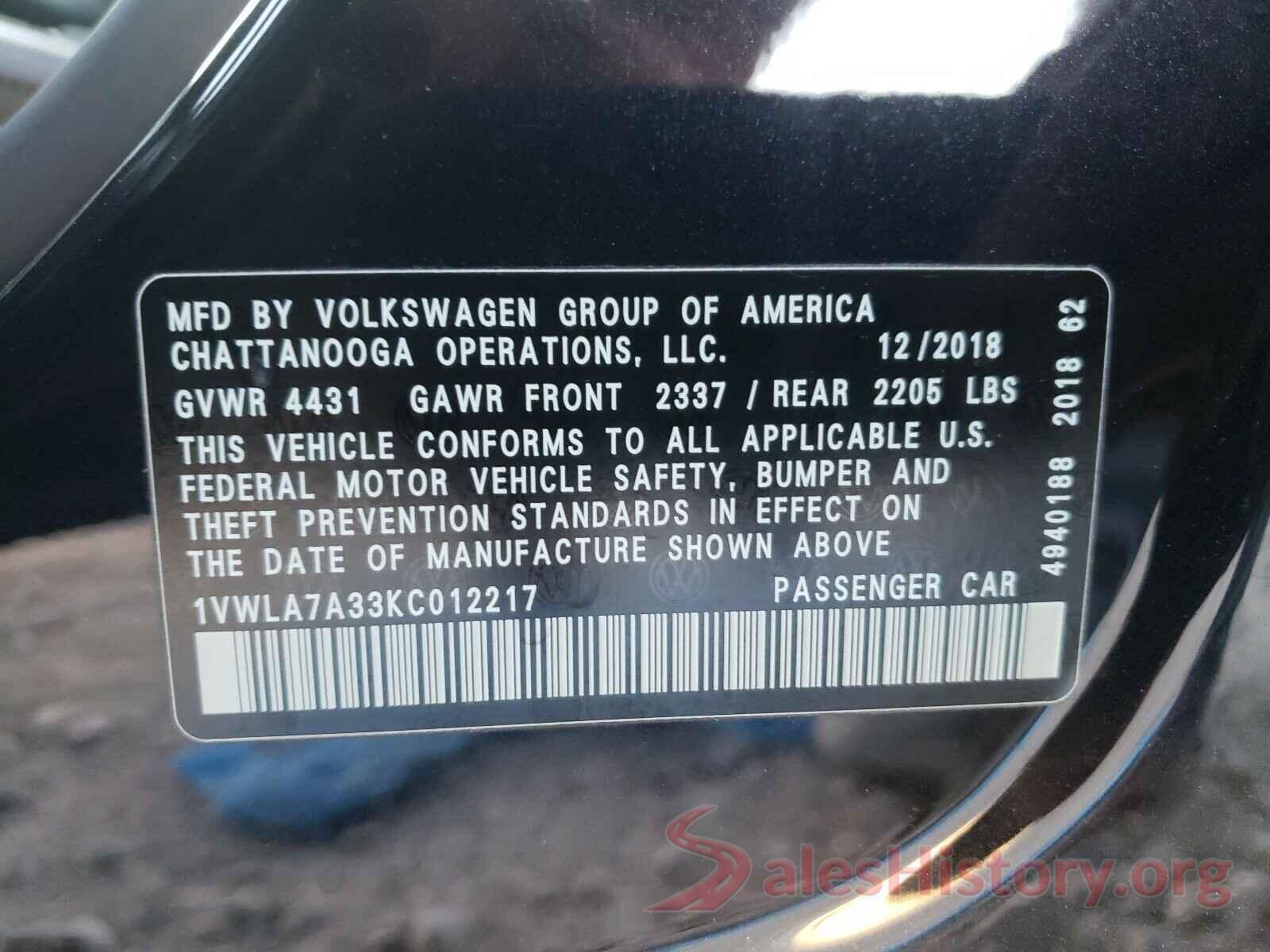 1VWLA7A33KC012217 2019 VOLKSWAGEN PASSAT