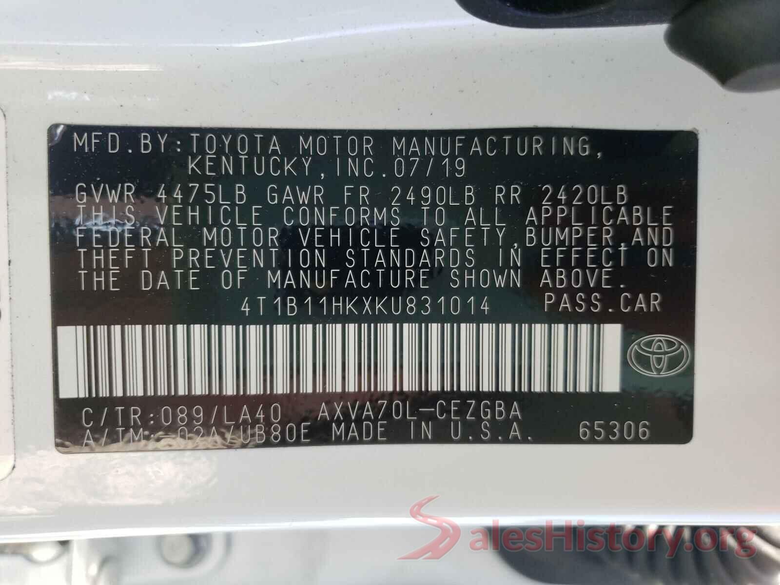 4T1B11HKXKU831014 2019 TOYOTA CAMRY