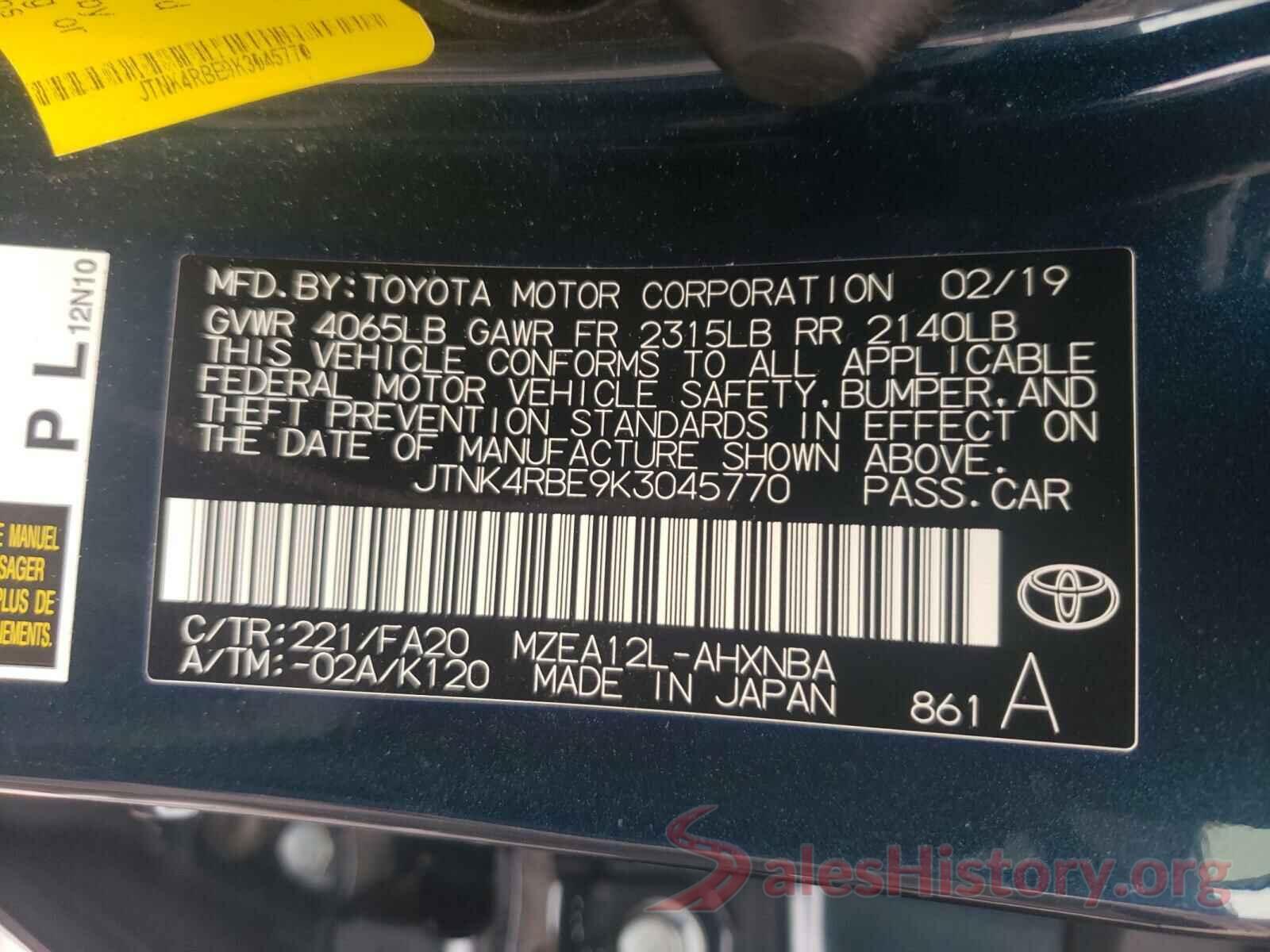 JTNK4RBE9K3045770 2019 TOYOTA COROLLA