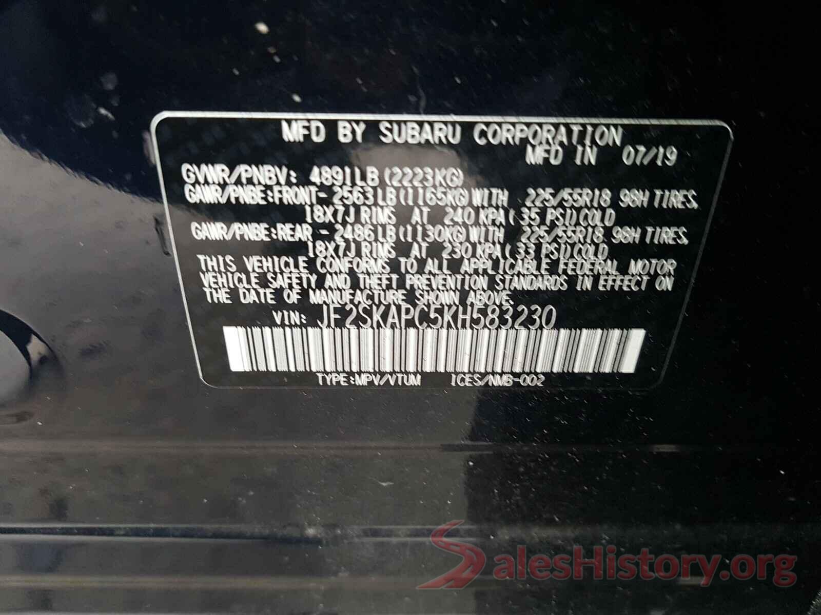 JF2SKAPC5KH583230 2019 SUBARU FORESTER