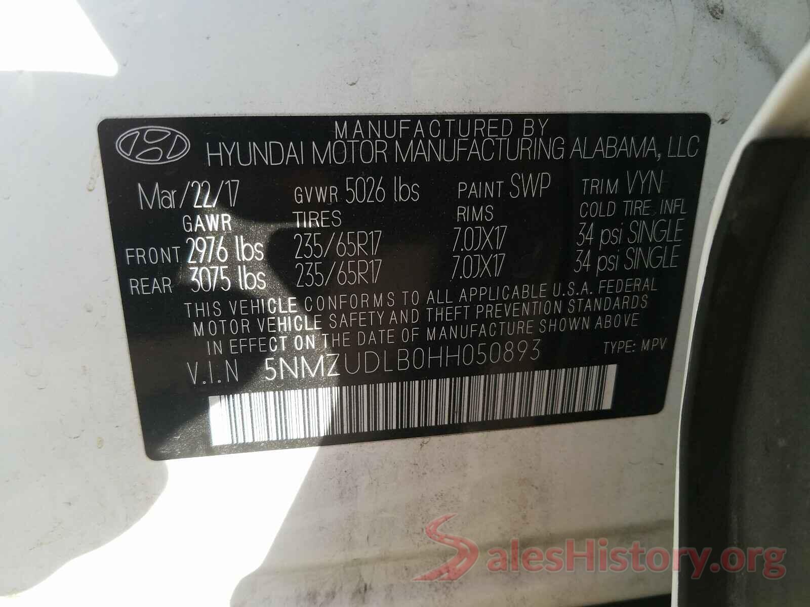 5NMZUDLB0HH050893 2017 HYUNDAI SANTA FE