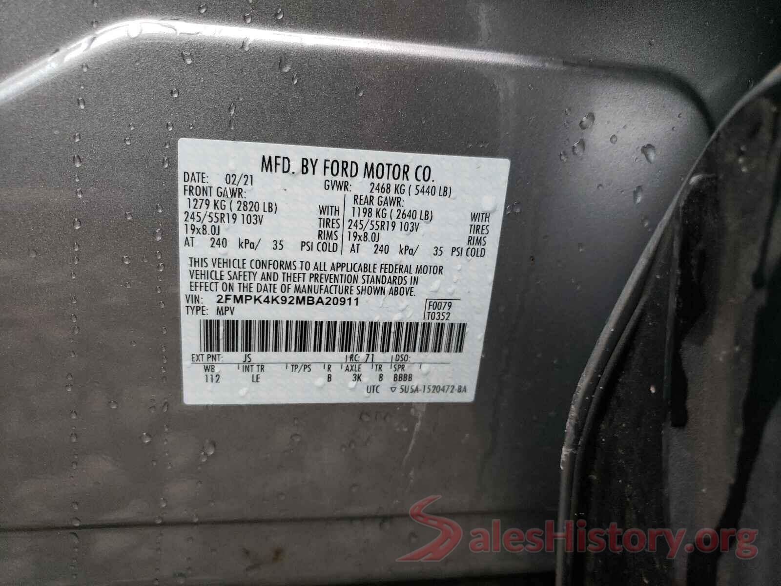 2FMPK4K92MBA20911 2021 FORD EDGE