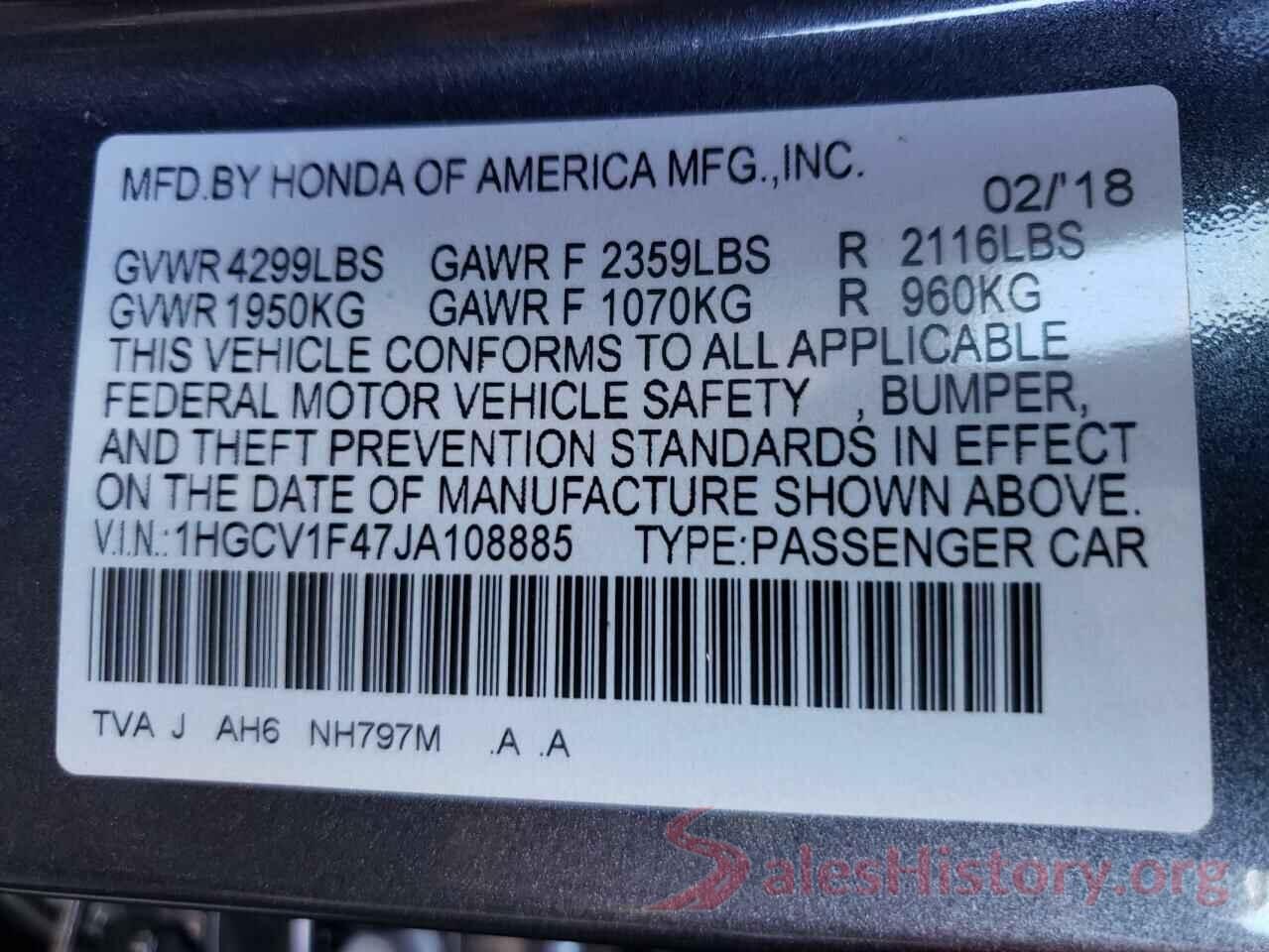 1HGCV1F47JA108885 2018 HONDA ACCORD