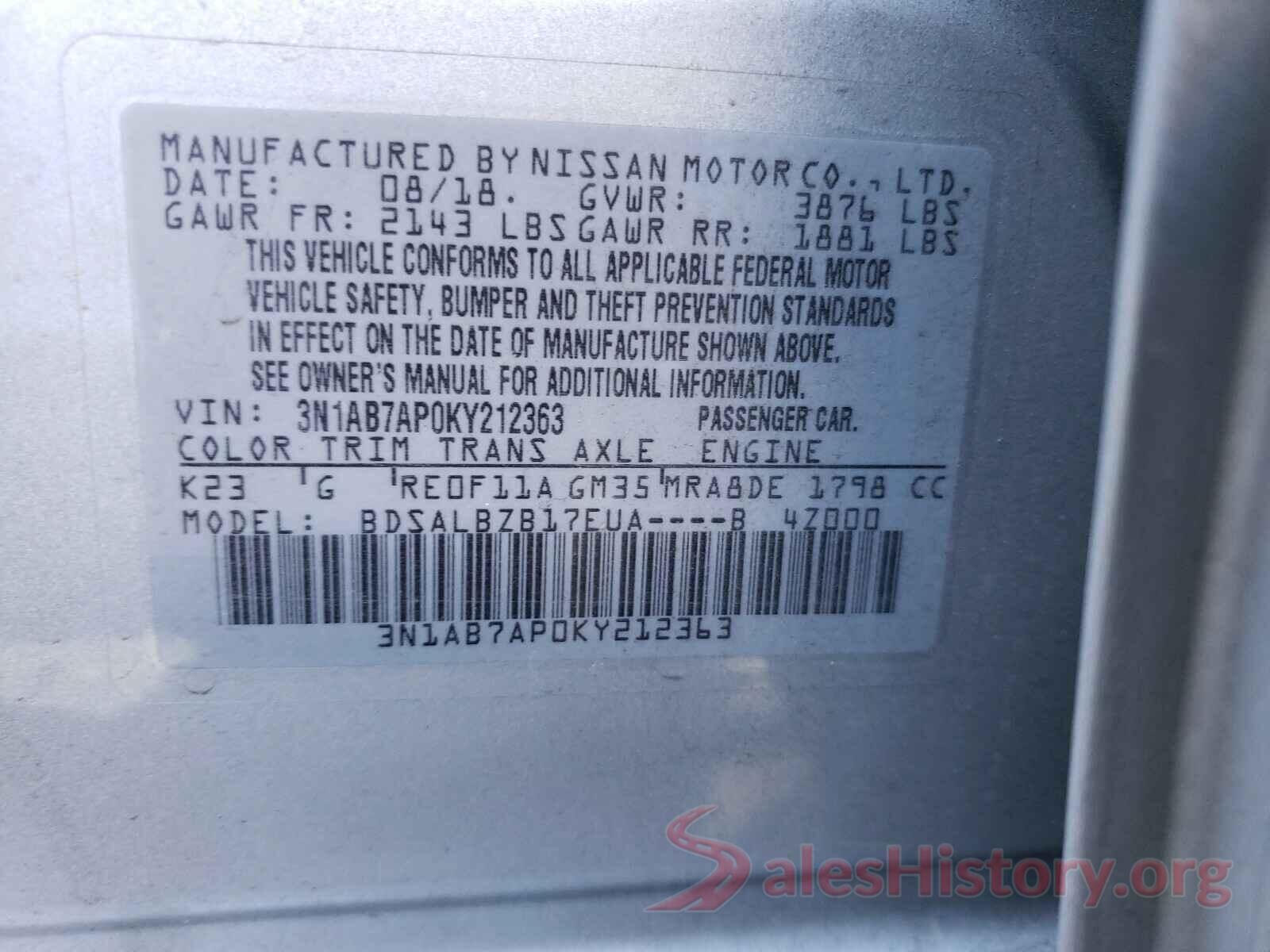 3N1AB7AP0KY212363 2019 NISSAN SENTRA