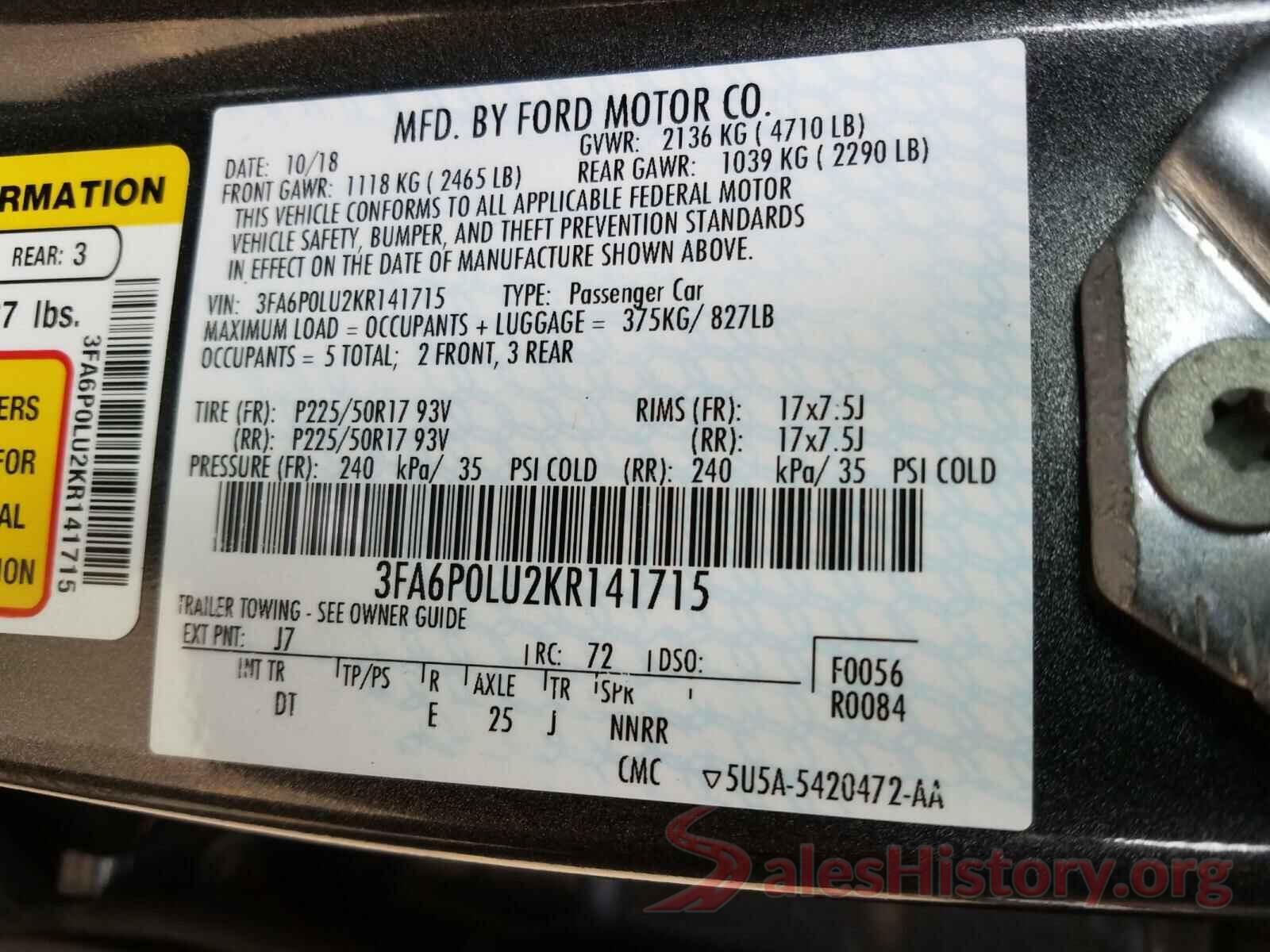 3FA6P0LU2KR141715 2019 FORD FUSION