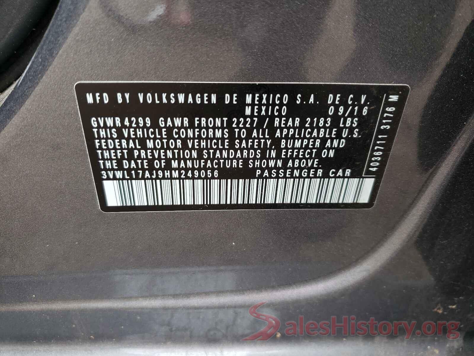 3VWL17AJ9HM249056 2017 VOLKSWAGEN JETTA